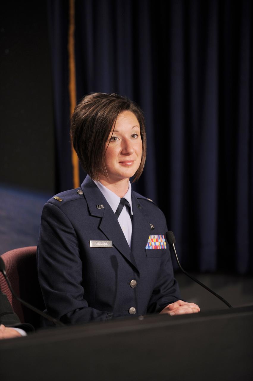VANDENBERG AIR FORCE BASE, Calif. -- 2nd Lt. Lisa Cochran, launch weather officer, 30th Operations Support Squadron, Vandenberg Air Force Base, Calif., participates in the prelaunch news conference at Vandenberg Air Force Base, Calif., for NASA’s National Polar-orbiting Operational Environmental Satellite System Preparatory Project (NPP) spacecraft.      NPP represents a critical first step in building the next-generation of Earth-observing satellites. NPP will carry the first of the new sensors developed for this satellite fleet, now known as the Joint Polar Satellite System (JPSS), to be launched in 2016. NPP is the bridge between NASA's Earth Observing System (EOS) satellites and the forthcoming series of JPSS satellites. The mission will test key technologies and instruments for the JPSS missions. NPP is targeted to launch Oct. 28 from Space Launch Complex-2 aboard a United Launch Alliance Delta II rocket. For more information, visit http://www.nasa.gov/NPP.     Photo credit: NASA/VAFB