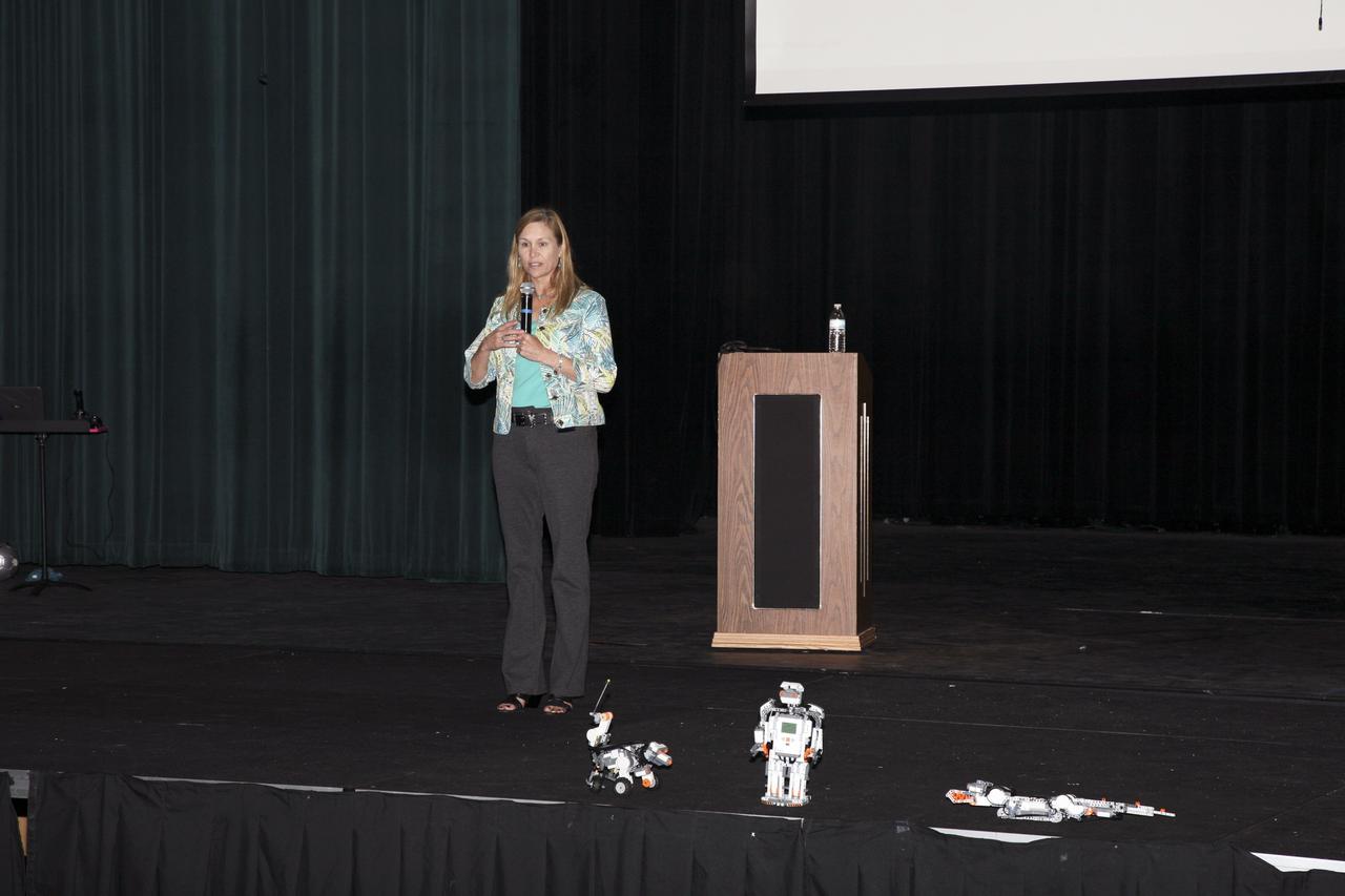 CAPE CANAVERAL, Fla. -- -- NASA Kennedy Space Center Deputy Director Janet Petro addresses pre-calculus, engineering and physics students at Timber Creek High School, in Orlando, Fla., on work being done at the center during an education outreach event on Nov. 16. Students also had the opportunity to view a FIRST Robotics robot in action, and learn about Kennedy’s Educate to Innovate (KETI) LEGO Mindstorm activities in the school’s Performing Arts Center. Photo credit: NASA/Gianni Woods