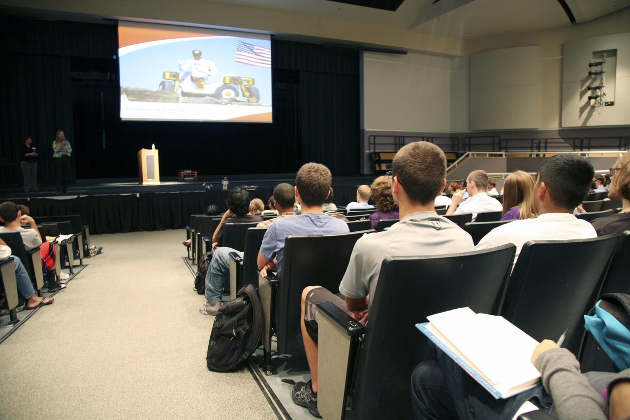 CAPE CANAVERAL, Fla. -- -- Pre-calculus, engineering, and physics students at Timber Creek High School in Orlando, Fla., listen to NASA Kennedy Space Center Deputy Director Janet Petro speak on work being done at the center during an education outreach event on Nov. 16 in the school’s Performing Arts Center. Students also had the opportunity to view a FIRST Robotics robot in action and learn about Kennedy’s Educate to Innovate (KETI) LEGO Mindstorm activities. Photo credit: NASA/Gianni Woods