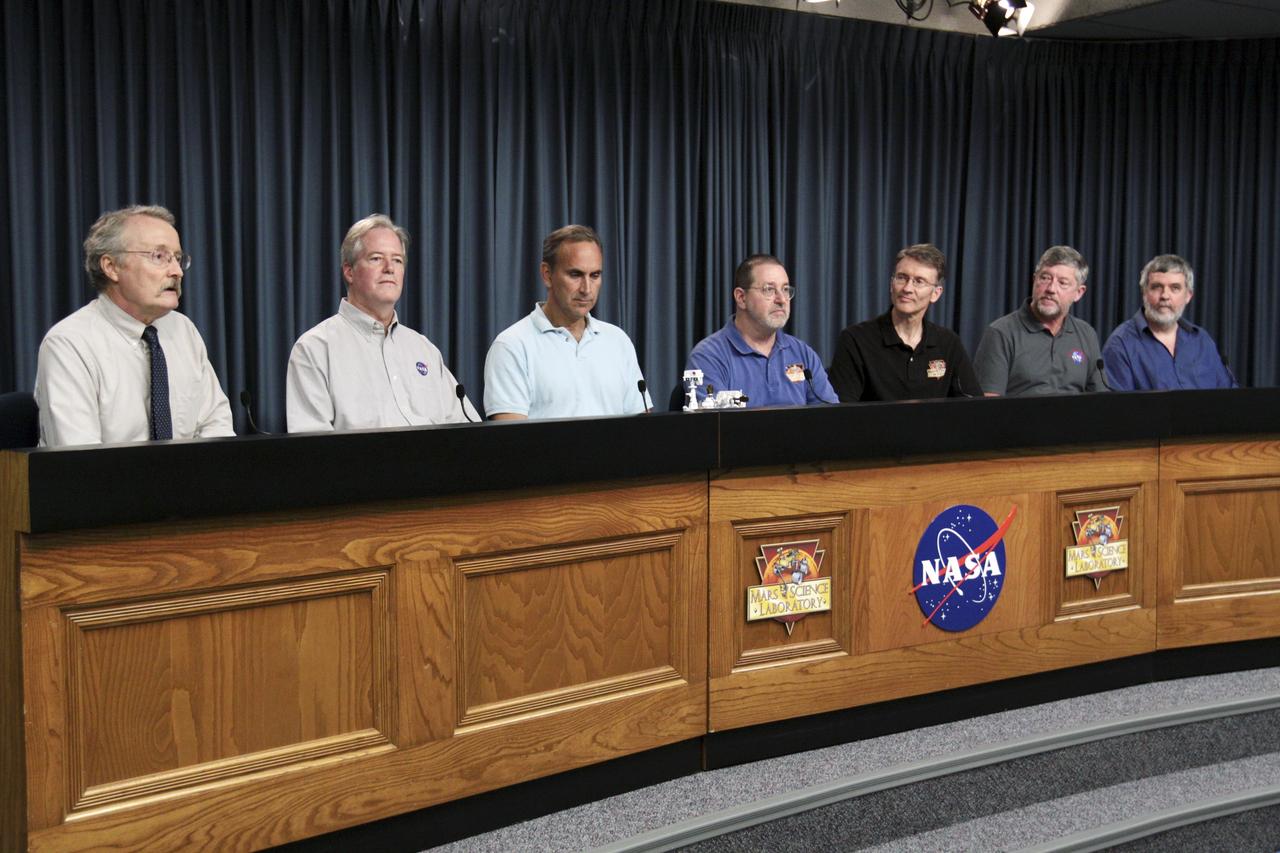 CAPE CANAVERAL, Fla. – NASA’s Kennedy Space Center in Florida is host to a Mars Science Laboratory (MSL) science briefing as part of preflight activities for the MSL mission. From left, NASA Public Affairs Officer Guy Webster moderates the conference featuring Michael Meyer, lead scientist for NASA Mars Exploration Program; John Grotzinger, project scientist for Mars Science Laboratory California Institute of Technology, Pasadena, Calif.; Michael Malin, principal investigator for the Mast Camera and Mars Descent Imager investigations on Curiosity, Malin Space Science Systems; Roger Wiens, principal investigator for Chemistry and Camera investigation on Curiosity, Los Alamos National Laboratory; David Blake, NASA principal investigator for Chemistry and Mineralogy investigation on Curiosity, NASA Ames Research Center; and Paul Mahaffy, NASA principal investigator for Sample Analysis at Mars investigation on Curiosity, NASA Goddard Space Flight Center.    MSL’s components include a car-sized rover, Curiosity, which has 10 science instruments designed to search for signs of life, including methane, and help determine if the gas is from a biological or geological source. Launch of MSL aboard a United Launch Alliance Atlas V rocket is scheduled for Nov. 26 from Space Launch Complex 41 on Cape Canaveral Air Force Station in Florida. For more information, visit http://www.nasa.gov/msl. Photo credit: NASA/Kim Shiflett