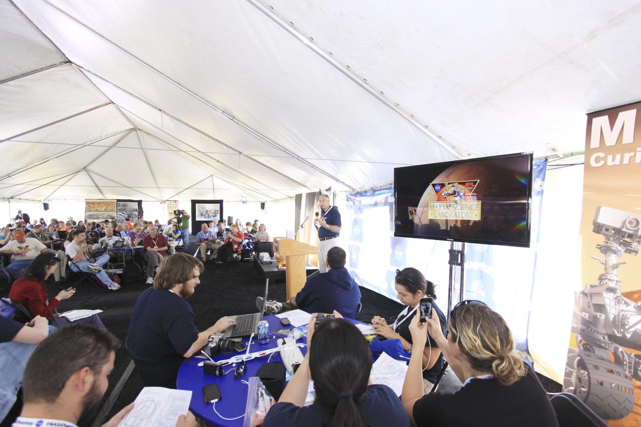 CAPE CANAVERAL, Fla. – Rex Engelhardt, mission manager in NASA's Launch Services Program at the NASA Kennedy Space Center, speaks to a group of Tweetup participants at Kennedy's Press Site in Florida during prelaunch activities for the agency’s Mars Science Laboratory (MSL) launch.      Following a series of briefings, participants will tour the center and get a close-up view of Space Launch Complex-41 on Cape Canaveral Air Force Station. The tweeters will share their experiences with followers through the social networking site Twitter. MSL's components include a car-sized rover, Curiosity, which has 10 science instruments designed to search for signs of life, including methane, and help determine if the gas is from a biological or geological source. Liftoff of MSL aboard a United Launch Alliance Atlas V rocket from pad 41 is planned during a launch window which extends from 10:02 a.m. to 11:45 a.m. EST on Nov. 26. For more information, visit http://www.nasa.gov/msl. Photo credit: NASA/Jim Grossmann