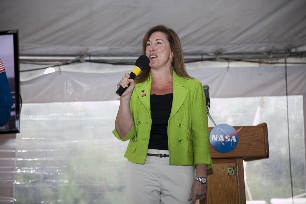 CAPE CANAVERAL, Fla. – NASA Deputy Administrator Lori Garver addresses the participants of a NASA Tweetup in a tent set up at NASA Kennedy Space Center's Press Site in Florida during prelaunch activities for the agency’s Mars Science Laboratory (MSL) launch. Participants in the Tweetup are given the opportunity to listen to agency briefings, tour locations on the center normally off limits to visitors, and get a close-up view of Space Launch Complex-41 on Cape Canaveral Air Force Station. The tweeters will share their experiences with followers through the social networking site Twitter. The MSL mission will pioneer precision landing technology and a sky-crane touchdown to place a car-sized rover, Curiosity, near the foot of a mountain inside Gale Crater on Aug. 6, 2012. During a nearly two-year prime mission after landing, the rover will investigate whether the region has ever offered conditions favorable for microbial life, including the chemical ingredients for life. Liftoff of MSL aboard a United Launch Alliance Atlas V rocket from pad 41 is planned during a launch window which extends from 10:02 a.m. to 11:45 a.m. EST on Nov. 26. For more information, visit http://www.nasa.gov/msl. Photo credit: NASA/Frankie Martin