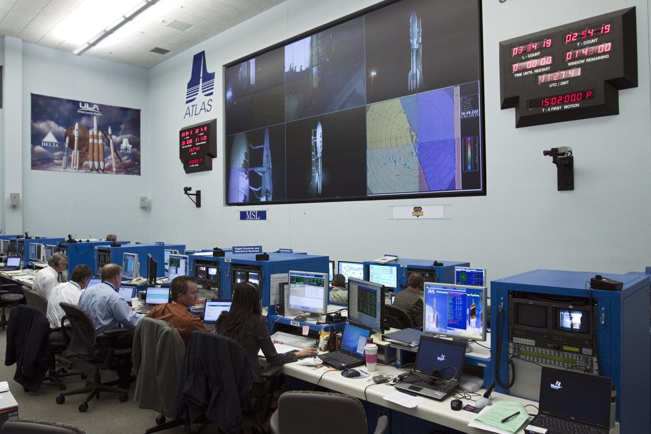 CAPE CANAVERAL – Launch controllers oversee the countdown in the Atlas V Spaceflight Operations Center (ASOC) before the launch of the Mars Science Laboratory on an Atlas V rocket. MSL lifted off at 10:02 a.m. EST Nov. 26, beginning a 9-month interplanetary cruise to Mars. MSL's components include a car-sized rover, Curiosity, which has 10 science instruments designed to search for signs of life, including methane, and help determine if the gas is from a biological or geological source. For more information, visit http://www.nasa.gov/msl. Photo credit: NASA/Kim Shiflett