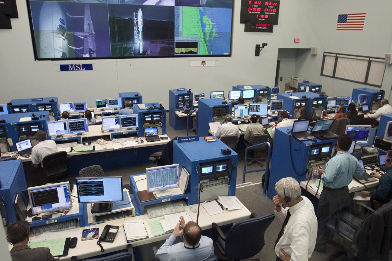CAPE CANAVERAL – Launch controllers oversee the countdown in the Atlas V Spaceflight Operations Center (ASOC) before the launch of the Mars Science Laboratory on an Atlas V rocket. MSL lifted off at 10:02 a.m. EST Nov. 26, beginning a 9-month interplanetary cruise to Mars. MSL's components include a car-sized rover, Curiosity, which has 10 science instruments designed to search for signs of life, including methane, and help determine if the gas is from a biological or geological source. For more information, visit http://www.nasa.gov/msl. Photo credit: NASA/Kim Shiflett