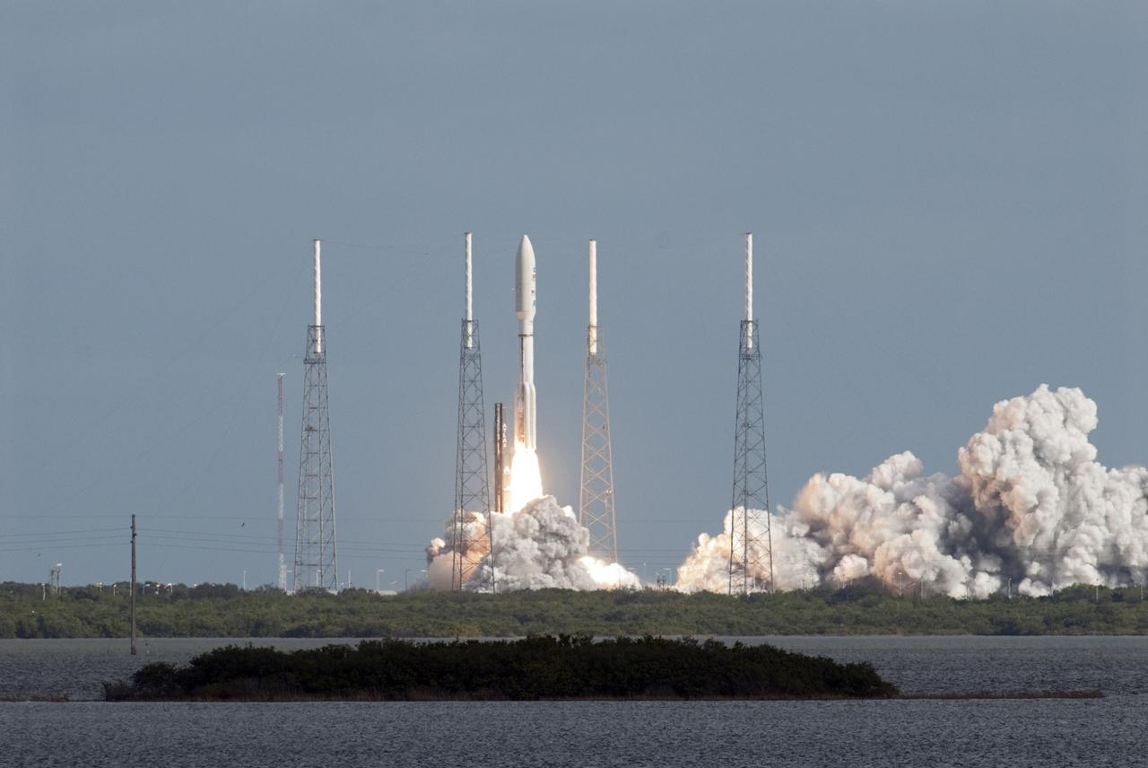 CAPE CANAVERAL, Fla. – NASA's Mars Science Laboratory (MSL) spacecraft, sealed inside its payload fairing, rises skyward aboard the United Launch Alliance Atlas V rocket. MSL lifted off from Space Launch Complex 41 on Cape Canaveral Air Force Station in Florida at 10:02 a.m. EST Nov. 26, beginning a 9-month interplanetary cruise to Mars. MSL's components include a car-sized rover, Curiosity, which has 10 science instruments designed to search for signs of life, including methane, and help determine if the gas is from a biological or geological source. For more information, visit http://www.nasa.gov/msl. Photo credit: NASA/Bill White