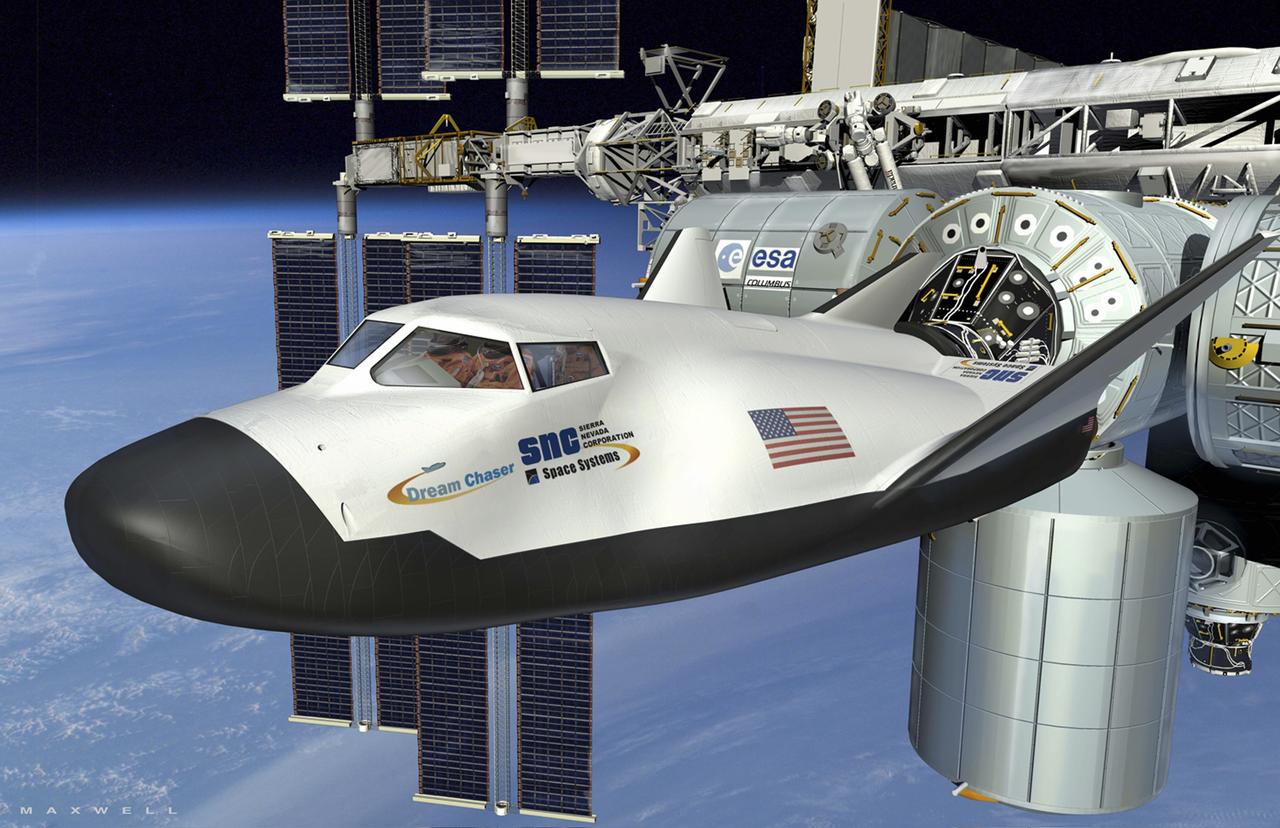 CAPE CANAVERAL, Fla. -- This is an artist's conception of the Dream Chaser spacecraft under development by Sierra Nevada of Centennial, Colo., for NASA's Commercial Crew Program (CCP). In 2011, NASA selected Sierra Nevada during Commercial Crew Development Round 2 (CCDev2) activities to mature the design and development of a crew transportation system with the overall goal of accelerating a United States-led capability to the International Space Station. The goal of CCP is to drive down the cost of space travel as well as open up space to more people than ever before by balancing industry’s own innovative capabilities with NASA's 50 years of human spaceflight experience. Six other aerospace companies also are maturing launch vehicle and spacecraft designs under CCDev2, including Alliant Techsystems Inc. (ATK), The Boeing Co., Excalibur Almaz Inc., Blue Origin, Space Exploration Technologies (SpaceX), and United Launch Alliance (ULA). For more information, visit www.nasa.gov/commercialcrew. Image credit: Sierra Nevada Corp.