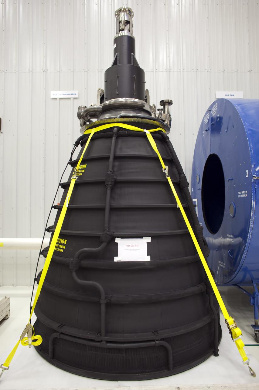 CAPE CANAVERAL, Fla. -- Inside the Pratt & Whitney Rocketdyne engine shop at NASA’s Kennedy Space Center in Florida, a completed replica shuttle main engine (RSME) sits on a stand. The RSME is one of three created for space shuttle Discovery. The replica engines will be transported from the engine shop to the processing facility for installation on Discovery in January 2012. The work is part of the Space Shuttle Program’s transition and retirement processing of shuttle Discovery. Discovery is being prepared for display at the Smithsonian’s National Air and Space Museum, Steven F. Udvar-Hazy Center in Chantilly, Va. For more information, visit http://www.nasa.gov/shuttle. Photo credit: NASA/Dimitri Gerondidakis