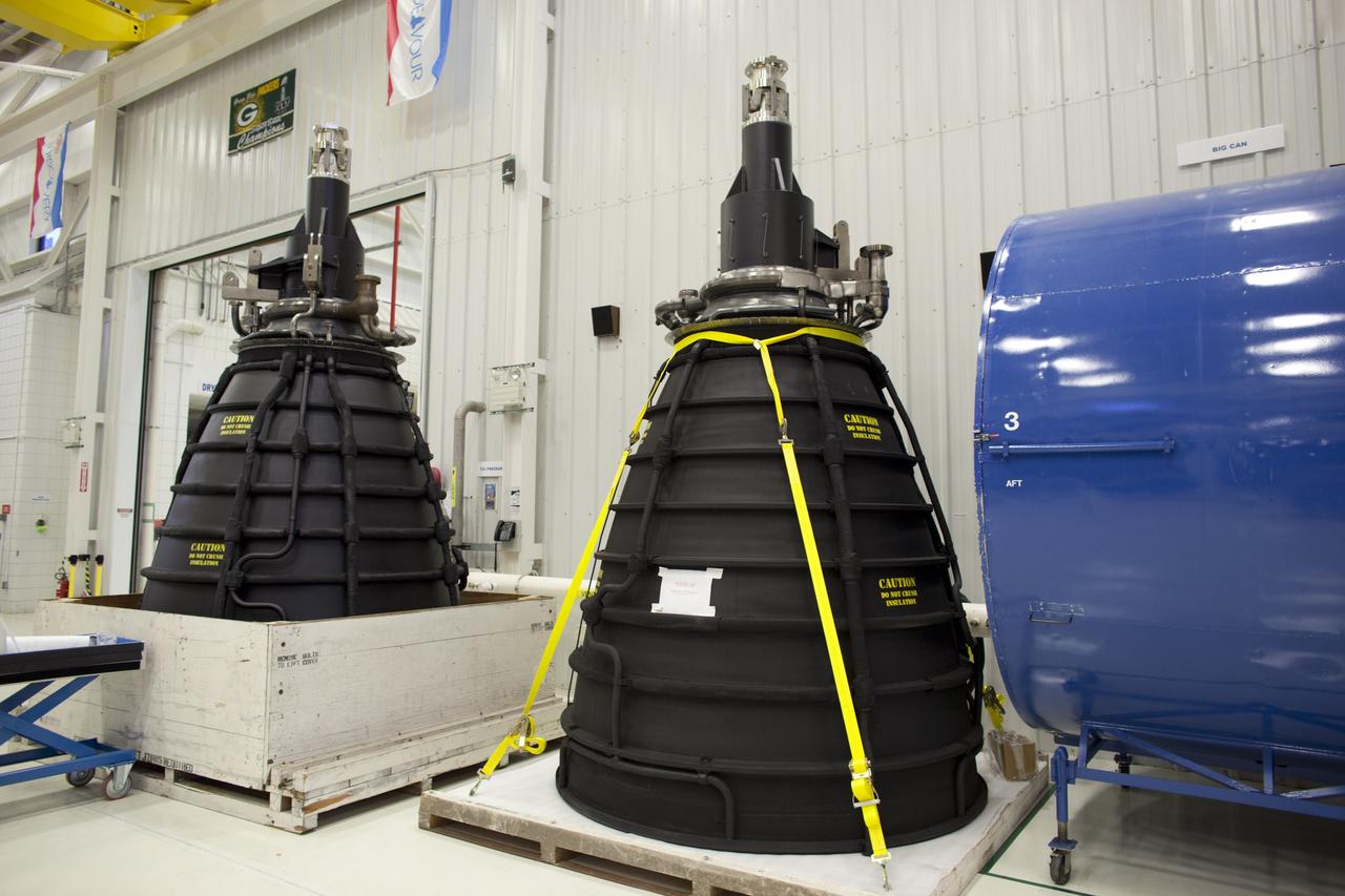 CAPE CANAVERAL, Fla. -- Inside the Pratt & Whitney Rocketdyne engine shop at NASA’s Kennedy Space Center in Florida, two of three completed replica shuttle main engines (RSMEs) sit on stands. The RSMEs were created for space shuttle Discovery.    The replica engines will be transported from the engine shop to the processing facility for installation on Discovery in January 2012. The work is part of the Space Shuttle Program’s transition and retirement processing of shuttle Discovery. Discovery is being prepared for display at the Smithsonian’s National Air and Space Museum, Steven F. Udvar-Hazy Center in Chantilly, Va. For more information, visit http://www.nasa.gov/shuttle.  Photo credit: NASA/Dimitri Gerondidakis