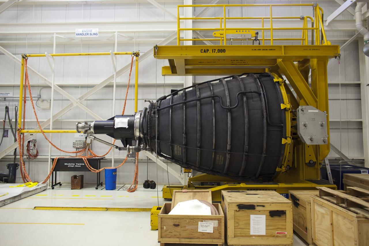 CAPE CANAVERAL, Fla. -- Inside the Pratt & Whitney Rocketdyne engine shop at NASA’s Kennedy Space Center in Florida, one of the three replica shuttle main engines (RSMEs) created for space shuttle Discovery is attached to the space shuttle main engine horizontal installer. The replica engines will be transported from the engine shop to the processing facility for installation on Discovery in January 2012. The work is part of the Space Shuttle Program’s transition and retirement processing of shuttle Discovery. Discovery is being prepared for display at the Smithsonian’s National Air and Space Museum, Steven F. Udvar-Hazy Center in Chantilly, Va. For more information, visit http://www.nasa.gov/shuttle. Photo credit: NASA/Dimitri Gerondidakis