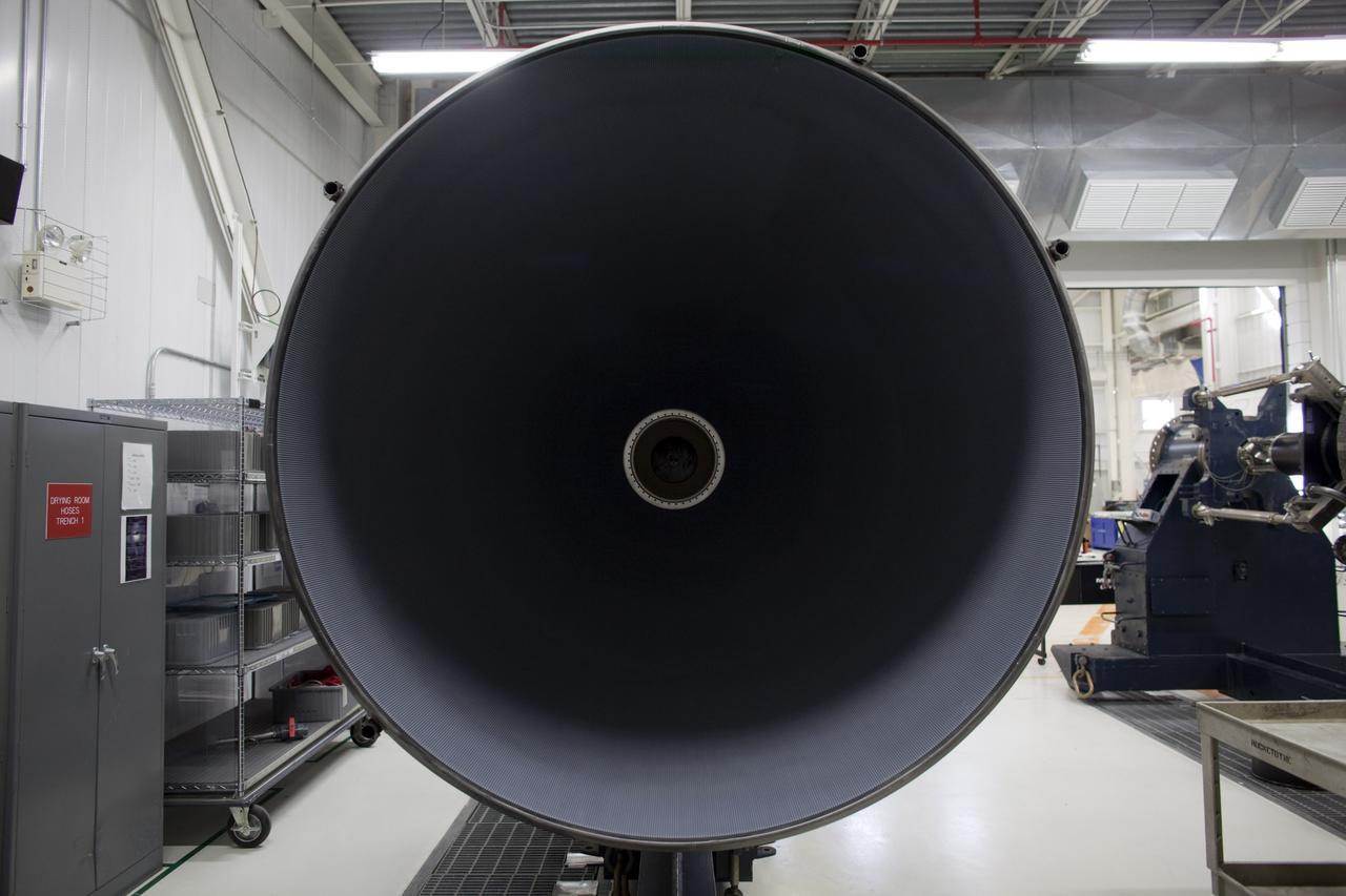 CAPE CANAVERAL, Fla. -- Inside the Pratt & Whitney Rocketdyne engine shop at NASA’s Kennedy Space Center in Florida, the interior of the engine bell of one of the replica shuttle main engines (RSMEs) can be seen. The RSMEs were created for space shuttle Discovery. The replica engines will be transported from the engine shop to the processing facility for installation on Discovery in January 2012. The work is part of the Space Shuttle Program’s transition and retirement processing of shuttle Discovery. Discovery is being prepared for display at the Smithsonian’s National Air and Space Museum, Steven F. Udvar-Hazy Center in Chantilly, Va. For more information, visit http://www.nasa.gov/shuttle. Photo credit: NASA/Dimitri Gerondidakis