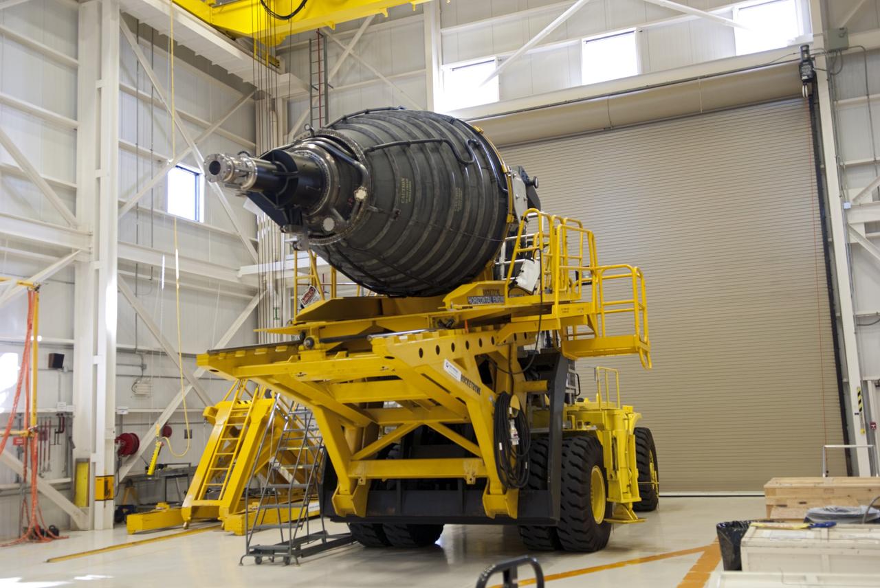 CAPE CANAVERAL, Fla. – A completed replica shuttle main engine (RSME) awaits transport from the Pratt & Whitney Rocketdyne engine shop at NASA’s Kennedy Space Center in Florida to Orbiter Processing Facility-1 where it will be installed on space shuttle Discovery.    The RSME is one of three that will be installed on Discovery during Space Shuttle Program transition and retirement activities. Discovery is being prepared for display at the Smithsonian’s National Air and Space Museum Steven F. Udvar-Hazy Center in Chantilly, Va. For more information, visit http://www.nasa.gov/shuttle.  Photo credit: NASA/Jim Grossmann