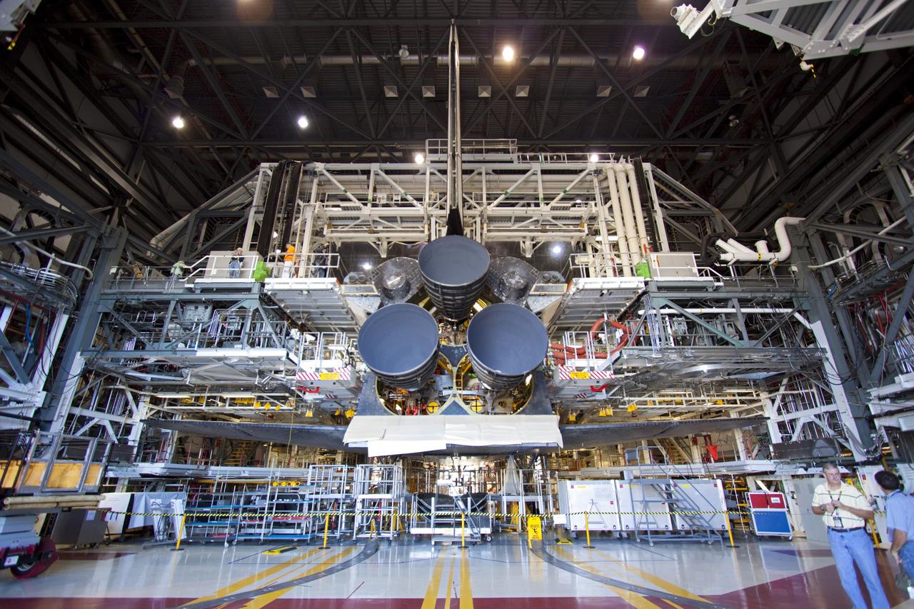 CAPE CANAVERAL, Fla. – Space shuttle Discovery sports three replica shuttle main engines (RSMEs) in Orbiter Processing Facility-1 at NASA’s Kennedy Space Center in Florida. The RSMEs were installed on Discovery during Space Shuttle Program transition and retirement activities. The replicas are built in the Pratt & Whitney Rocketdyne engine shop at Kennedy to replace the shuttle engines which will be placed in storage to support NASA's Space Launch System, under development. Discovery is being prepared for display at the Smithsonian’s National Air and Space Museum Steven F. Udvar-Hazy Center in Chantilly, Va. For more information, visit http://www.nasa.gov/shuttle. Photo credit: NASA/Jim Grossmann