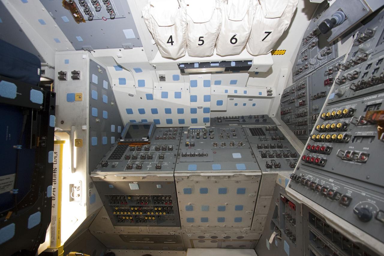 CAPE CANAVERAL, Fla. – In Orbiter Processing Facility-2 at NASA's Kennedy Space Center in Florida, the camera captures a section of space shuttle Atlantis' flight deck. Preparations are under way for the shuttle's final power down during Space Shuttle Program transition and retirement activities. Atlantis is being prepared for public display in 2013 at the Kennedy Space Center Visitor Complex.  For more information, visit http://www.nasa.gov/shuttle.  Photo credit: NASA/Jim Grossmann