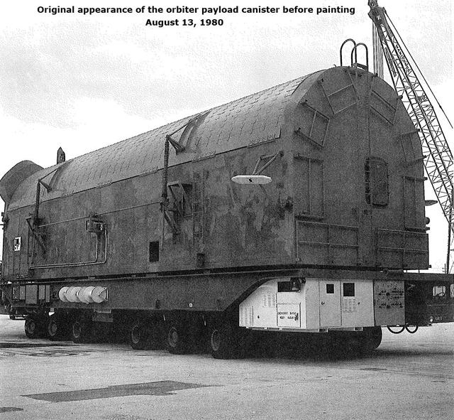 Original appearance of the orbiter payload canister before painting, August 13, 1980