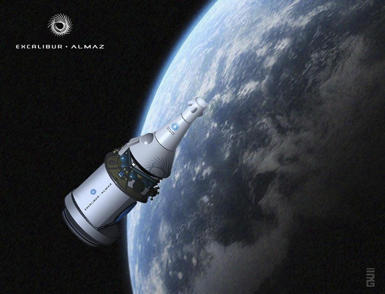 CAPE CANAVERAL, Fla. -- This is an artist's conception of an Almaz capsule, the basis of Excalibur Almaz Inc.'s Human Spacecraft design. In 2011, NASA's Commercial Crew Program CCP and the Houston-based company entered into an unfunded Space Act Agreement during Commercial Crew Development Round 2 CCDev2) activities to mature the design and development of a crew transportation system with the overall goal of accelerating a United States-led capability to the International Space Station. The goal of CCP is to drive down the cost of space travel as well as open up space to more people than ever before by balancing industry’s own innovative capabilities with NASA's 50 years of human spaceflight experience. Six other aerospace companies also are maturing launch vehicle and spacecraft designs under CCDev2, including Alliant Techsystems ATK, Blue Origin, The Boeing Co., Sierra Nevada Corp., Space Exploration Technologies SpaceX, and United Launch Alliance ULA. For more information, visit www.nasa.gov/commercialcrew. Image credit: Excalibur Almaz Limited