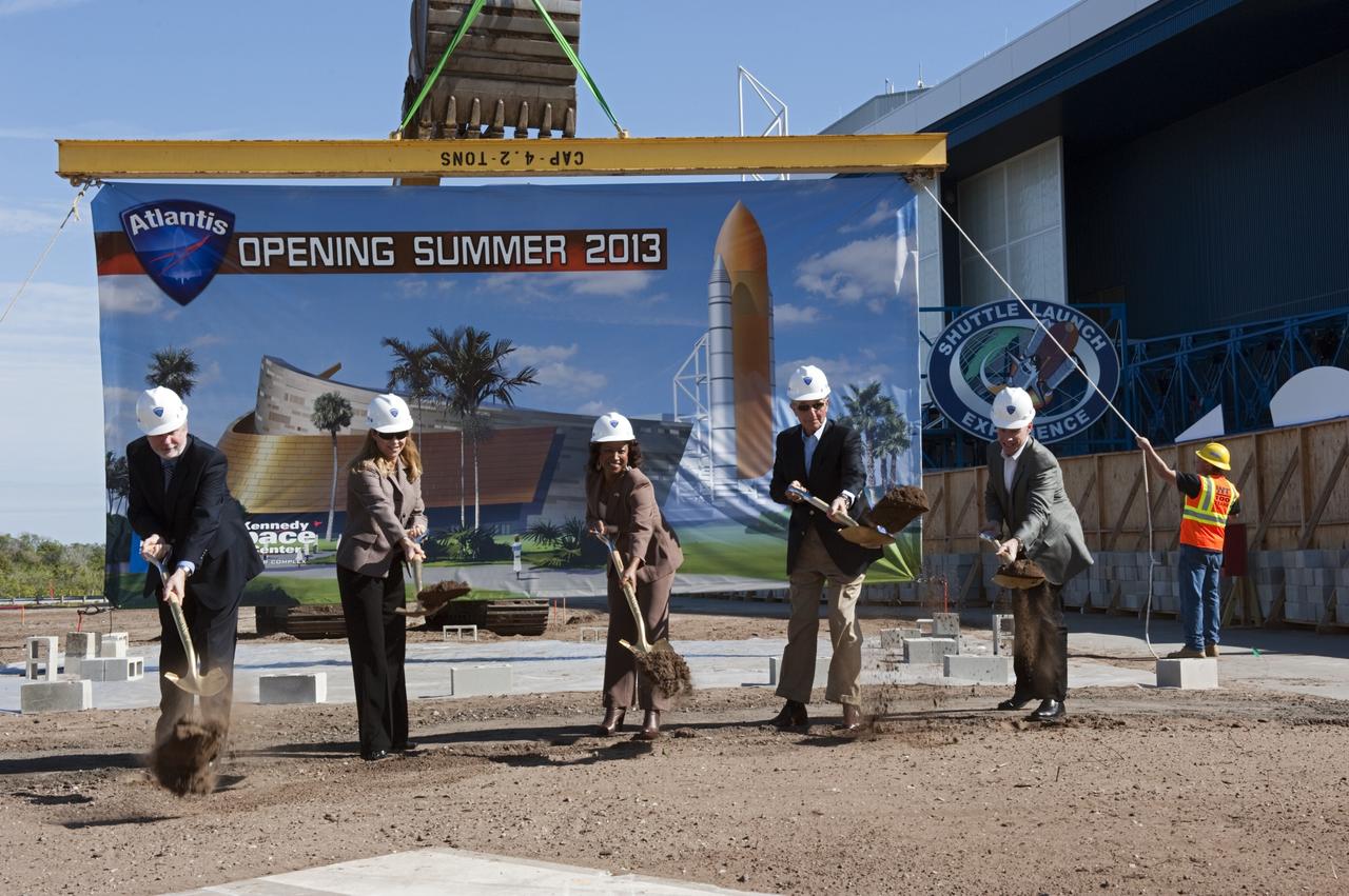 CAPE CANAVERAL, Fla. – During a ceremony in the Shuttle Plaza area at the Kennedy Space Center Visitor Complex (KSCVC) in Florida, state and local dignitaries break ground for the future home of space shuttle Atlantis. From left, are KSCVC Chief Operating Officer Bill Moore; Kennedy Space Center Deputy Director Janet Petro; Lt. Governor of Florida Jennifer Carroll; Jeremy Jacobs, chairman and chief executive officer of Delaware North Companies; and STS-135 Commander Chris Ferguson.    Delaware North Parks & Resorts, in partnership with NASA’s Kennedy Space Center, broke ground for the 65,000 square-foot exhibit that will house Atlantis at the visitor complex. For more information, visit www.KennedySpaceCenter.com.  Photo credit: NASA/Kim Shiflett