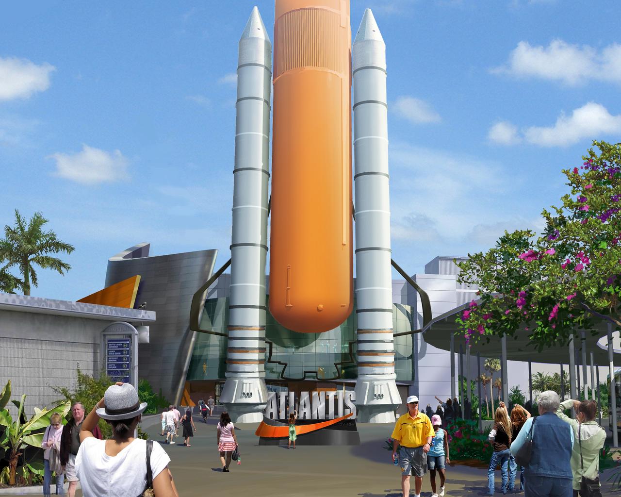 CAPE CANAVERAL, Fla. -- A full scale external tank and twin solid rocket booster replicas will stand at the Atlantis exhibit entrance at the Kennedy Space Center Visitor Complex, preparing to launch guests deep into the 30-year history of the Space Shuttle Program.    A groundbreaking ceremony for the future home of Atlantis was held Jan. 18.  For more information on this and other exhibits at the visitor complex, go to http://www.kennedyspacecenter.com.  Artist rendering courtesy of PGAV Destinations for Delaware North Parks & Resorts