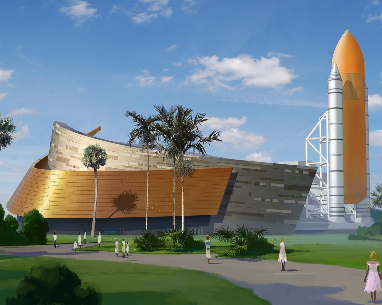 CAPE CANAVERAL, Fla. -- The stylized shape of the new home for Atlantis at the Kennedy Space Center Visitor Complex incorporates hues of orange and gold to represent both the heat and the bright colors of re-entry. Special gray-colored tiling has been incorporated into the building's design to represent the space shuttle tiles that protected the orbiter from the heat of re-entry.    A groundbreaking ceremony for the future home of Atlantis was held Jan. 18.  For more information on this and other exhibits at the visitor complex, go to http://www.kennedyspacecenter.com.  Artist rendering courtesy of PGAV Destinations for Delaware North Parks & Resorts