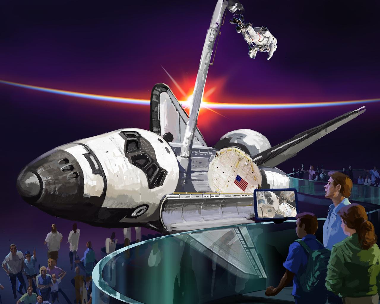 CAPE CANAVERAL, Fla. -- The Kennedy Space Center Visitor Complex was selected by NASA on April 12, 2011, to permanently display space shuttle Atlantis. This initial design concept for the new exhibit showcases Atlantis as though it were "in flight."    A groundbreaking ceremony for the future home of Atlantis was held Jan. 18.  For more information on this and other exhibits at the visitor complex, go to http://www.kennedyspacecenter.com.  Artist rendering courtesy of PGAV Destinations for Delaware North Parks & Resorts