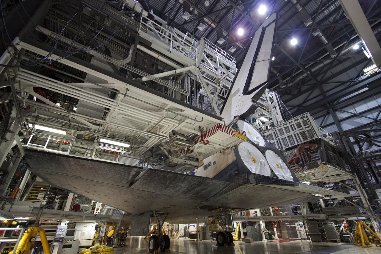 CAPE CANAVERAL, Fla. -- Preparations are under way in Orbiter Processing Facility-2 to move space shuttle Atlantis to the Vehicle Assembly Building (VAB) at NASA's Kennedy Space Center in Florida. Atlantis will be stored temporarily in the VAB while transition and retirement processing resumes on shuttle Endeavour in the processing hangar. Endeavour is being prepared for public display at the California Science Center in Los Angeles. A groundbreaking was held Jan. 18 for Atlantis' future home -- a 65,000-square-foot exhibit in Shuttle Plaza at the Kennedy Space Center Visitor Complex. For additional information, visit http://www.nasa.gov/shuttle. Photo credit: NASA/Jim Grossmann