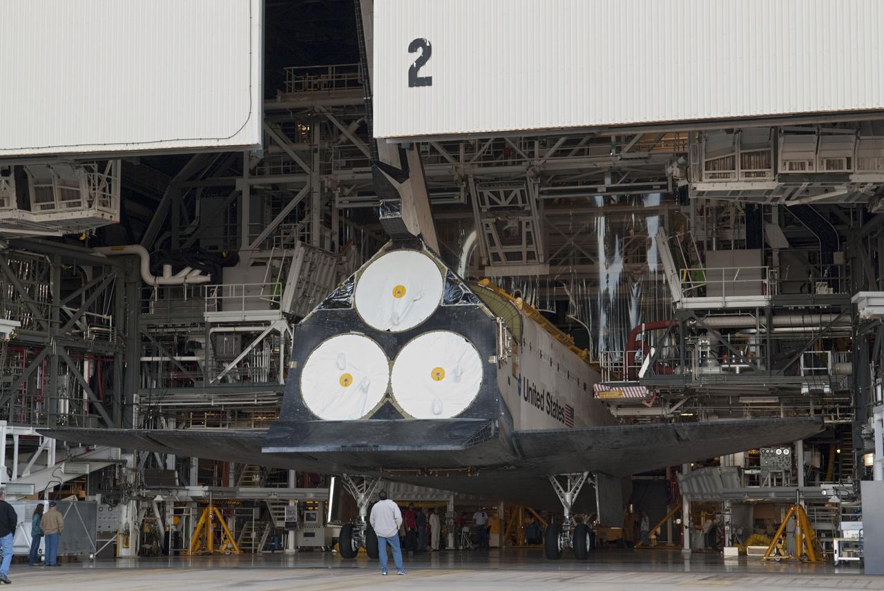 CAPE CANAVERAL, Fla. -- Preparations are under way in Orbiter Processing Facility-2 to roll space shuttle Atlantis to the Vehicle Assembly Building (VAB) at NASA's Kennedy Space Center in Florida. Atlantis will be stored temporarily in the VAB while transition and retirement processing resumes on shuttle Endeavour in the processing hangar. Endeavour is being prepared for public display at the California Science Center in Los Angeles. A groundbreaking was held Jan. 18 for Atlantis' future home -- a 65,000-square-foot exhibit in Shuttle Plaza at the Kennedy Space Center Visitor Complex. For additional information, visit http://www.nasa.gov/shuttle. Photo credit: NASA/Charisse Nahser