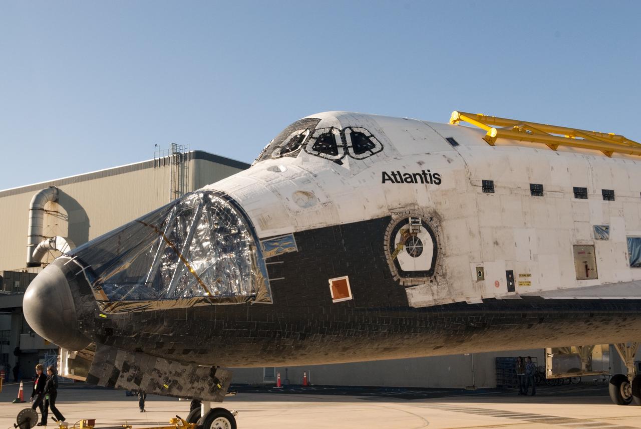 CAPE CANAVERAL, Fla. -- Plastic protects the nose of space shuttle Atlantis where its forward reaction control system (FRCS) once resided during its move from Orbiter Processing Facility-2 to the Vehicle Assembly Building (VAB) at NASA's Kennedy Space Center in Florida. Atlantis will be stored temporarily in the VAB while transition and retirement processing resumes on shuttle Endeavour in the processing hangar. Endeavour is being prepared for public display at the California Science Center in Los Angeles. A groundbreaking was held Jan. 18 for Atlantis' future home -- a 65,000-square-foot exhibit in Shuttle Plaza at the Kennedy Space Center Visitor Complex. For additional information, visit http://www.nasa.gov/shuttle. Photo credit: NASA/Charisse Nahser