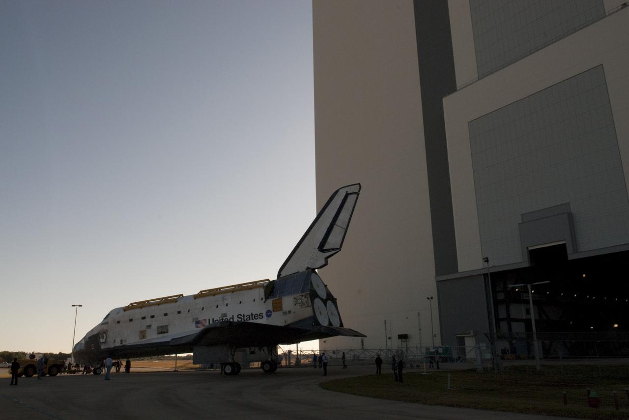 CAPE CANAVERAL, Fla. -- Space shuttle Atlantis is repositioned to back into the transfer aisle of the 525-foot-tall Vehicle Assembly Building (VAB) at NASA's Kennedy Space Center in Florida during its transfer from Orbiter Processing Facility-2. Atlantis will be stored temporarily in the VAB while transition and retirement processing resumes on shuttle Endeavour in the processing hangar. Endeavour is being prepared for public display at the California Science Center in Los Angeles. A groundbreaking was held Jan. 18 for Atlantis' future home -- a 65,000-square-foot exhibit in Shuttle Plaza at the Kennedy Space Center Visitor Complex. For additional information, visit http://www.nasa.gov/shuttle. Photo credit: NASA/Charisse Nahser