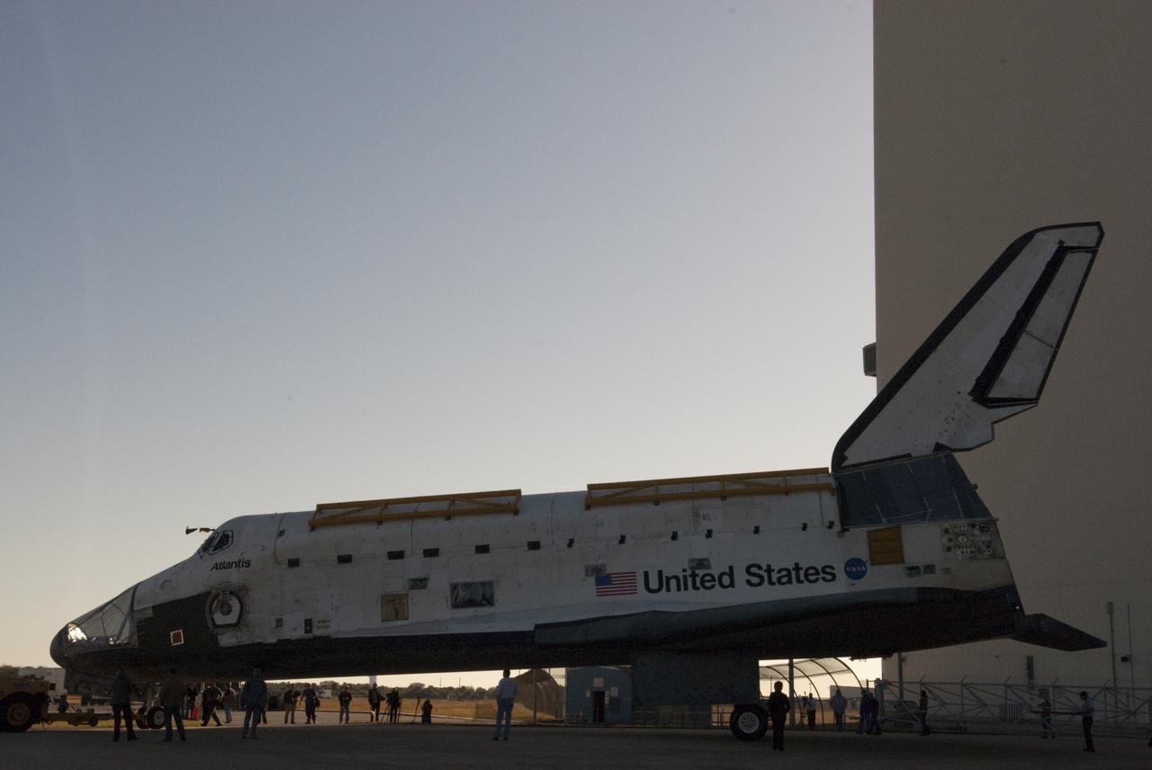 CAPE CANAVERAL, Fla. -- Preparations are under way to roll space shuttle Atlantis tail first into the transfer aisle of the Vehicle Assembly Building (VAB) at NASA's Kennedy Space Center in Florida during its move from Orbiter Processing Facility-2. Atlantis will be stored temporarily in the VAB while transition and retirement processing resumes on shuttle Endeavour in the processing hangar. Endeavour is being prepared for public display at the California Science Center in Los Angeles. A groundbreaking was held Jan. 18 for Atlantis' future home -- a 65,000-square-foot exhibit in Shuttle Plaza at the Kennedy Space Center Visitor Complex. For additional information, visit http://www.nasa.gov/shuttle. Photo credit: NASA/Charisse Nahser