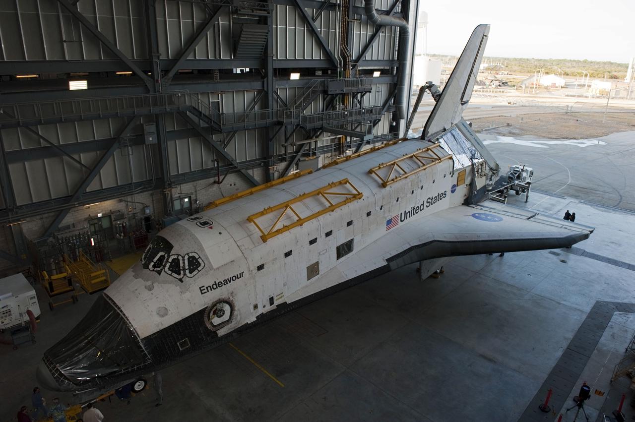 CAPE CANAVERAL, Fla. – Inside the Vehicle Assembly Building at NASA’s Kennedy Space Center in Florida, space shuttle Endeavour is being prepared for its move to Orbiter Processing Facility-2 (OPF-2). Shuttle Endeavour will remain in OPF-2 so that the orbiter maneuvering system (OMS) pods and forward reaction control system can be installed. Technicians also will offload water and Freon gas from lines located in Endeavour’s midbody. The work is part of Endeavour’s transition and retirement processing. The spacecraft is being prepared for public display at the California Science Center in Los Angeles. Endeavour flew 25 missions, spent 299 days in space, orbited Earth 4,671 times and traveled 122, 883, 151 miles over the course of its 19-year career. Endeavour’s STS-134 and final mission was completed after landing on June 1, 2011. Photo credit: Kim Shiflett