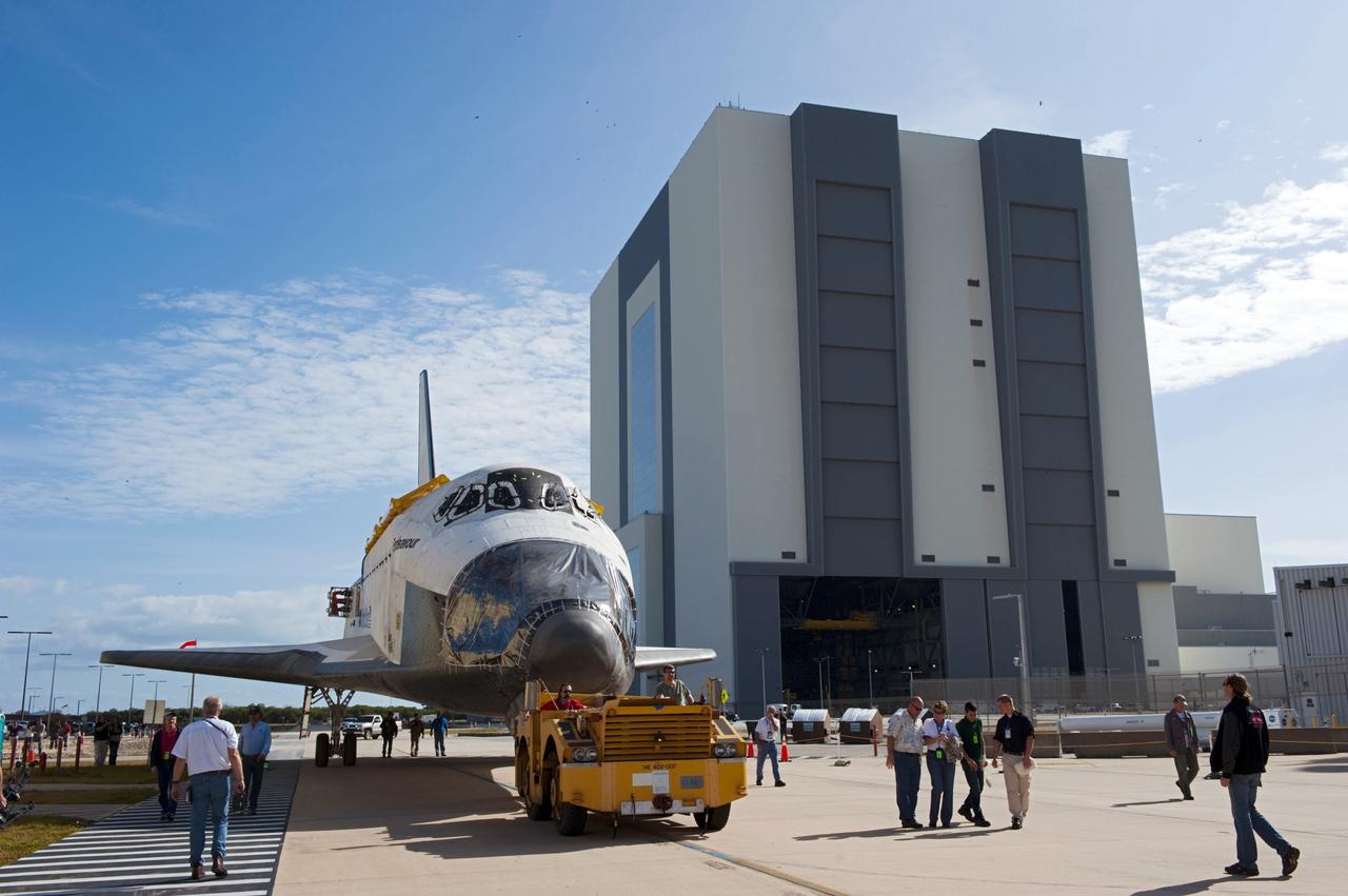 CAPE CANAVERAL, Fla. – At NASA’s Kennedy Space Center in Florida, space shuttle Endeavour is being towed from the Vehicle Assembly Building to Orbiter Processing Facility-2 (OPF-2). Shuttle Endeavour will remain in OPF-2 so that the orbiter maneuvering system (OMS) pods and forward reaction control system can be installed. Technicians also will offload water and Freon gas from lines located in Endeavour’s midbody. The work is part of Endeavour’s transition and retirement processing. The spacecraft is being prepared for public display at the California Science Center in Los Angeles. Endeavour flew 25 missions, spent 299 days in space, orbited Earth 4,671 times and traveled 122, 883, 151 miles over the course of its 19-year career. Endeavour’s STS-134 and final mission was completed after landing on June 1, 2011. Photo credit: Kim Shiflett