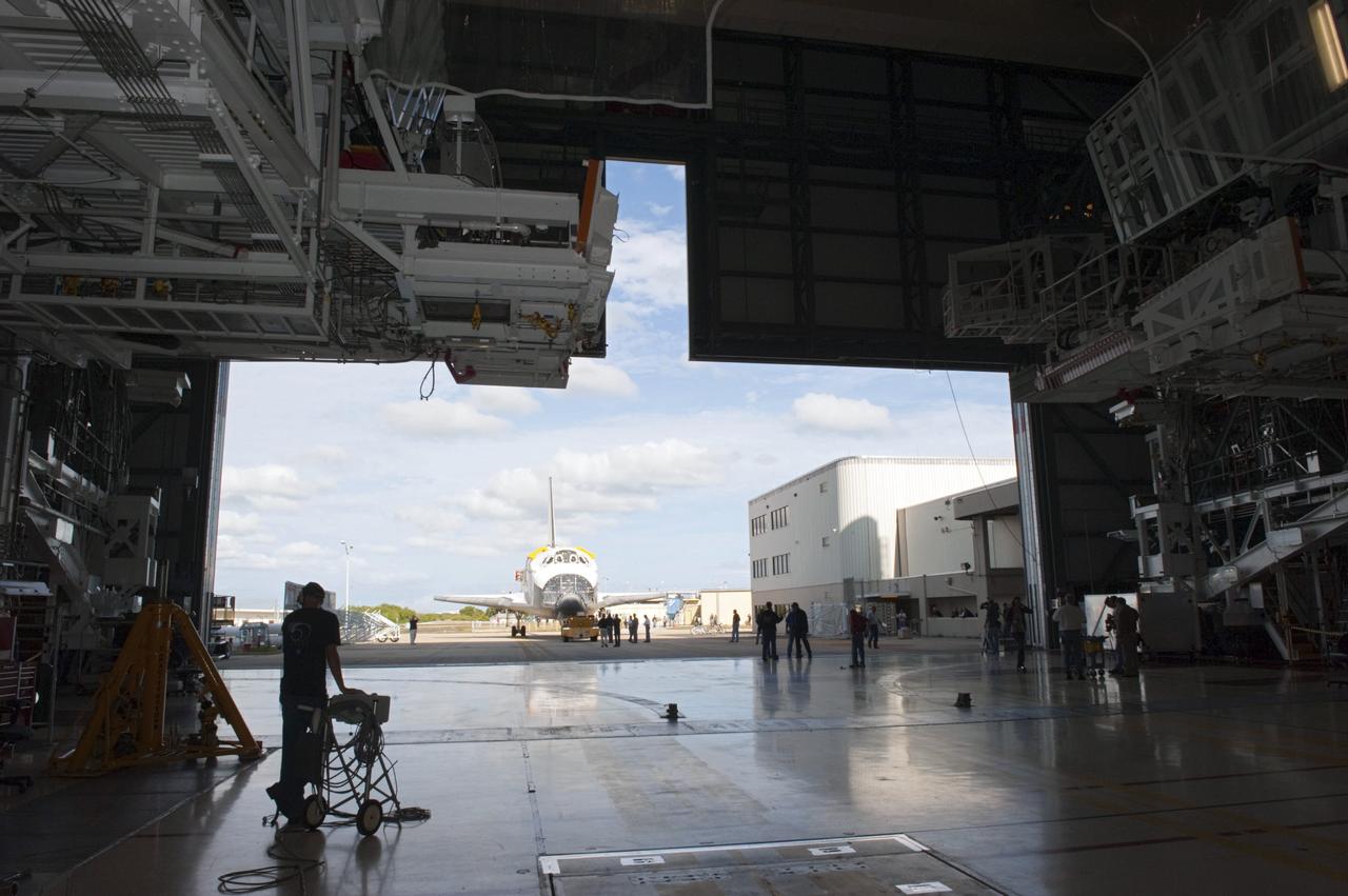 CAPE CANAVERAL, Fla. – At NASA’s Kennedy Space Center in Florida, space shuttle Endeavour is being towed to Orbiter Processing Facility-2 (OPF-2). Shuttle Endeavour will remain in OPF-2 so that the orbiter maneuvering system (OMS) pods and forward reaction control system can be installed. Technicians also will offload water and Freon gas from lines located in Endeavour’s midbody. The work is part of Endeavour’s transition and retirement processing. The spacecraft is being prepared for public display at the California Science Center in Los Angeles. Endeavour flew 25 missions, spent 299 days in space, orbited Earth 4,671 times and traveled 122, 883, 151 miles over the course of its 19-year career. Endeavour’s STS-134 and final mission was completed after landing on June 1, 2011. Photo credit: Kim Shiflett