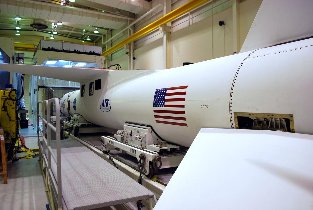 VANDENBERG AIR FORCE BASE, Calif. -- In Orbital Sciences' Pegasus processing facility at Vandenberg Air Force Base's in California, the Pegasus XL rocket is readied for flight. The Pegasus will launch the Nuclear Spectroscopic Telescope Array (NuSTAR) into space. After the rocket and spacecraft are processed at Vandenberg, they will be flown on the Orbital Sciences’ L-1011 carrier aircraft to the Ronald Reagan Ballistic Missile Defense Test Site at the Pacific Ocean’s Kwajalein Atoll for launch. The high-energy x-ray telescope will conduct a census for black holes, map radioactive material in young supernovae remnants, and study the origins of cosmic rays and the extreme physics around collapsed stars. For more information, visit science.nasa.gov/missions/nustar/. Photo credit: NASA/Randy Beaudoin, VAFB
