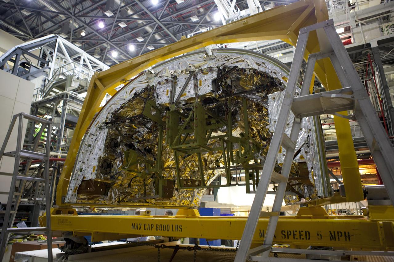 CAPE CANAVERAL, Fla. – In Orbiter Processing Facility-2 at NASA’s Kennedy Space Center in Florida, the forward reaction control system (FRCS) has been prepared to be lifted and installed on space shuttle Endeavour. The work is part of the Space Shuttle Program transition and retirement processing of Endeavour. The FRCS helped maneuver a shuttle while it was in orbit. The FRCS was removed from Endeavour and sent to White Sands Test Facility in N.M. to be cleaned of its toxic propellants. Endeavour is being prepared for display at the California Science Center in Los Angeles. Photo credit: NASA/Dimitri Gerondidakis
