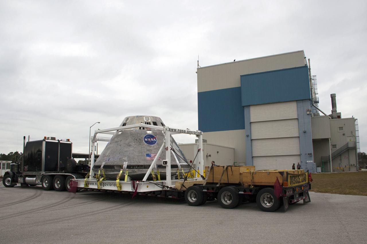 CAPE CANAVERAL, Fla. – A test version of NASA’s Orion spacecraft completed a cross-country journey at NASA’s Kennedy Space Center in Florida on Feb. 8, after giving residents in three states the chance to see a full scale mockup of the craft that will take humans into deep space. The capsule will be stored in Kennedy’s Multi-Payload Processing Facility.      The test vehicle was used by ground crews in advance of the launch abort system flight test that took place in New Mexico in 2010. Photo Credit: NASA/Jim Grossmann