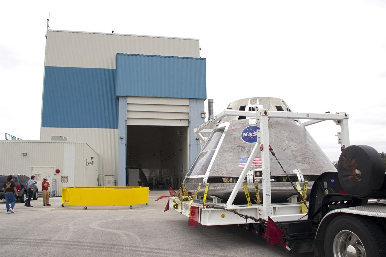 CAPE CANAVERAL, Fla. – A test version of NASA’s Orion spacecraft completed a cross-country journey at NASA’s Kennedy Space Center in Florida on Feb. 8, after giving residents in three states the chance to see a full scale mockup of the craft that will take humans into deep space. The capsule will be stored in Kennedy’s Multi-Payload Processing Facility. The test vehicle was used by ground crews in advance of the launch abort system flight test that took place in New Mexico in 2010. Photo Credit: NASA/Jim Grossmann