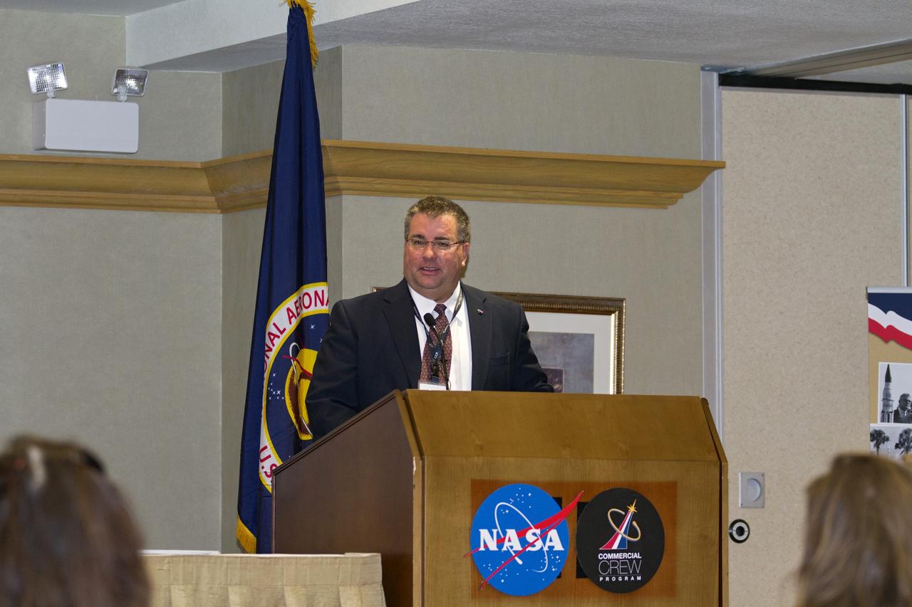 COCOA BEACH, Fla. -- Ed Mango, program manager for NASA's Commercial Crew Program CCP, talks to industry partners and stakeholders during a preproposal conference at the Courtyard Marriott in Cocoa Beach, Fla. The meeting focused on information related to NASA's release of the Commercial Crew Integrated Capability CCiCap Announcement for Proposals on Feb. 7. More than 50 people from 25 aerospace companies attended the conference to find out what the space agency would be looking for in terms of milestones, funding, schedules, strategies, safety cultures, business modules and eventual flight certification standards of integrated crew space transportation systems.          The goal of the CCiCap is to develop an indigenous U.S. transportation system that can safely, affordably and routinely fly to low Earth orbit destinations, including the International Space Station. Proposals are due March 23 and NASA plans to award multiple Space Act Agreements, valued from $300 million to $500 million each, toward the development of fully integrated commercial crew transportation systems in the summer of 2012.  For more information, visit www.nasa.gov/commercialcrew   Photo credit: Kim Shiflett