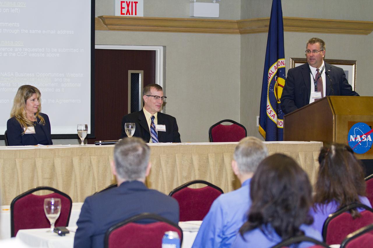 COCOA BEACH, Fla. -- Ed Mango, program manager for NASA's Commercial Crew Program CCP, talks to industry partners and stakeholders during a preproposal conference at the Courtyard Marriott in Cocoa Beach, Fla. At left, are Cheryl McPhillips, the NASA Participant Evaluation Panel PEP chair for the Commercial Crew Program CCP, and Lee Pagel, the NASA PEP deputy. The meeting focused on information related to NASA's release of the Commercial Crew Integrated Capability CCiCap Announcement for Proposals on Feb. 7. More than 50 people from 25 aerospace companies attended the conference to find out what the space agency would be looking for in terms of milestones, funding, schedules, strategies, safety cultures, business modules and eventual flight certification standards of integrated crew space transportation systems. The goal of the CCiCap is to develop an indigenous U.S. transportation system that can safely, affordably and routinely fly to low Earth orbit destinations, including the International Space Station. Proposals are due March 23 and NASA plans to award multiple Space Act Agreements, valued from $300 million to $500 million each, toward the development of fully integrated commercial crew transportation systems in the summer of 2012. For more information, visit www.nasa.gov/commercialcrew Photo credit: Kim Shiflett    The Ground Systems Development and Operations Program is developing the necessary ground systems, infrastructure and operational approaches required to safely process, assemble, transport and launch the next generation of rockets and spacecraft in support of NASA’s exploration objectives. Future work also will replace the antiquated communications, power and vehicle access resources with modern efficient systems. Some of the utilities and systems slated for replacement have been used since the VAB opened in 1965. For more information, visit http://www.nasa.gov/exploration/systems/ground/index.html Photo credit: NASA/Kim Shiflett