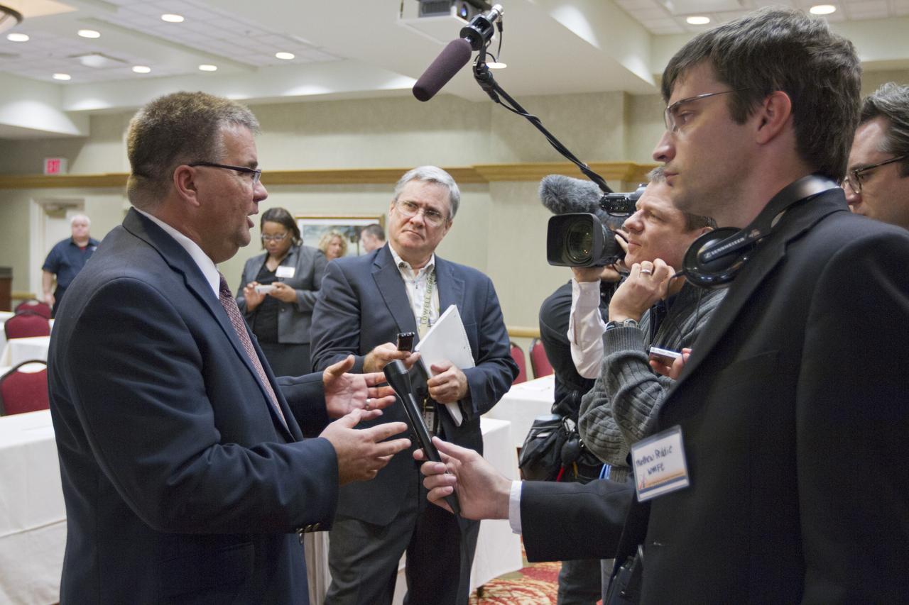 COCOA BEACH, Fla. -- Ed Mango, program manager for NASA's Commercial Crew Program CCP, talks to media during a preproposal conference at the Courtyard Marriott in Cocoa Beach, Fla. The meeting focused on information related to NASA's release of the Commercial Crew Integrated Capability CCiCap Announcement for Proposals on Feb. 7. More than 50 industry partners and stakeholders from 25 aerospace companies attended the conference to find out what the space agency would be looking for in terms of milestones, funding, schedules, strategies, safety cultures, business modules and eventual flight certification standards of integrated crew space transportation systems.        The goal of the CCiCap is to develop an indigenous U.S. transportation system that can safely, affordably and routinely fly to low Earth orbit destinations, including the International Space Station. Proposals are due March 23 and NASA plans to award multiple Space Act Agreements, valued from $300 million to $500 million each, toward the development of fully integrated commercial crew transportation systems in the summer of 2012.  For more information, visit www.nasa.gov/commercialcrew   Photo credit: Kim Shiflett