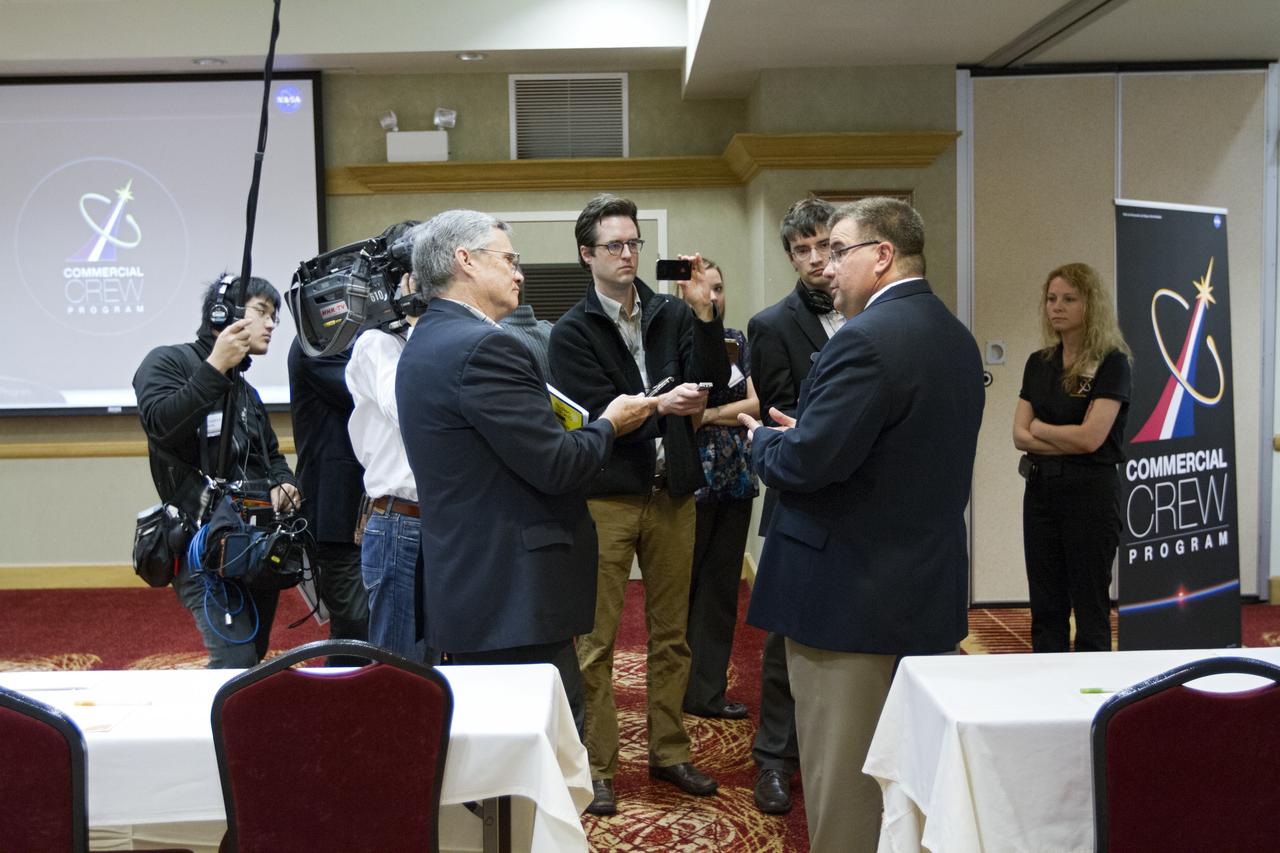 COCOA BEACH, Fla. -- Ed Mango, program manager for NASA's Commercial Crew Program CCP, talks to media during a preproposal conference at the Courtyard Marriott in Cocoa Beach, Fla. The meeting focused on information related to NASA's release of the Commercial Crew Integrated Capability CCiCap Announcement for Proposals on Feb. 7. More than 50 industry partners and stakeholders from 25 aerospace companies attended the conference to find out what the space agency would be looking for in terms of milestones, funding, schedules, strategies, safety cultures, business modules and eventual flight certification standards of integrated crew space transportation systems.        The goal of the CCiCap is to develop an indigenous U.S. transportation system that can safely, affordably and routinely fly to low Earth orbit destinations, including the International Space Station. Proposals are due March 23 and NASA plans to award multiple Space Act Agreements, valued from $300 million to $500 million each, toward the development of fully integrated commercial crew transportation systems in the summer of 2012.  For more information, visit www.nasa.gov/commercialcrew   Photo credit: Kim Shiflett