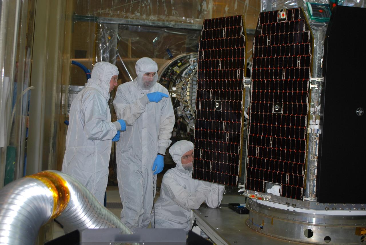 VANDENBERG AIR FORCE BASE, Calif. -- At Vandenberg Air Force Base's processing facility in California, NASA’s NuSTAR spacecraft undergoes a solar array deployment test. The Pegasus will launch NASA's Nuclear Spectroscopic Telescope Array NuSTAR into space. After the rocket and spacecraft are processed at Vandenberg, they will be flown on the Orbital Sciences’ L-1011 carrier aircraft to the Ronald Reagan Ballistic Missile Defense Test Site at the Pacific Ocean’s Kwajalein Atoll for launch. The high-energy x-ray telescope will conduct a census for black holes, map radioactive material in young supernovae remnants, and study the origins of cosmic rays and the extreme physics around collapsed stars. For more information, visit science.nasa.gov/missions/nustar/. Photo credit: NASA/Randy Beaudoin, VAFB
