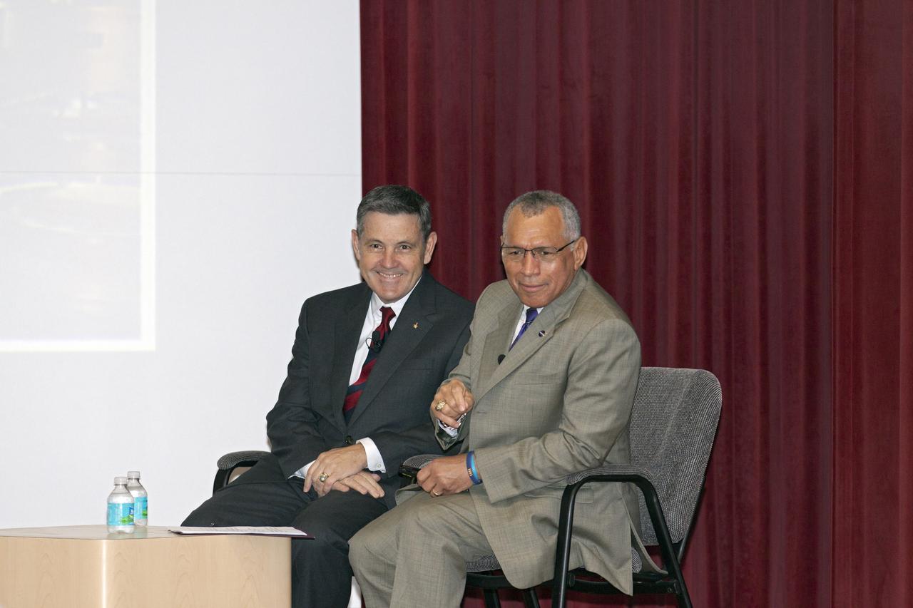 CAPE CANAVERAL, Fla. -- At NASA’s Kennedy Space Center in Florida, Center Director Bob Cabana at left and NASA Administrator Charles Bolden hold an all-hands meeting in the Training Auditorium to present the proposed fiscal year 2013 NASA budget to civil servant and contractor employees. Bolden and Cabana explained how the budget will affect the agency and specifically Kennedy Space Center. Photo credit: NASA/Kim Shiflett