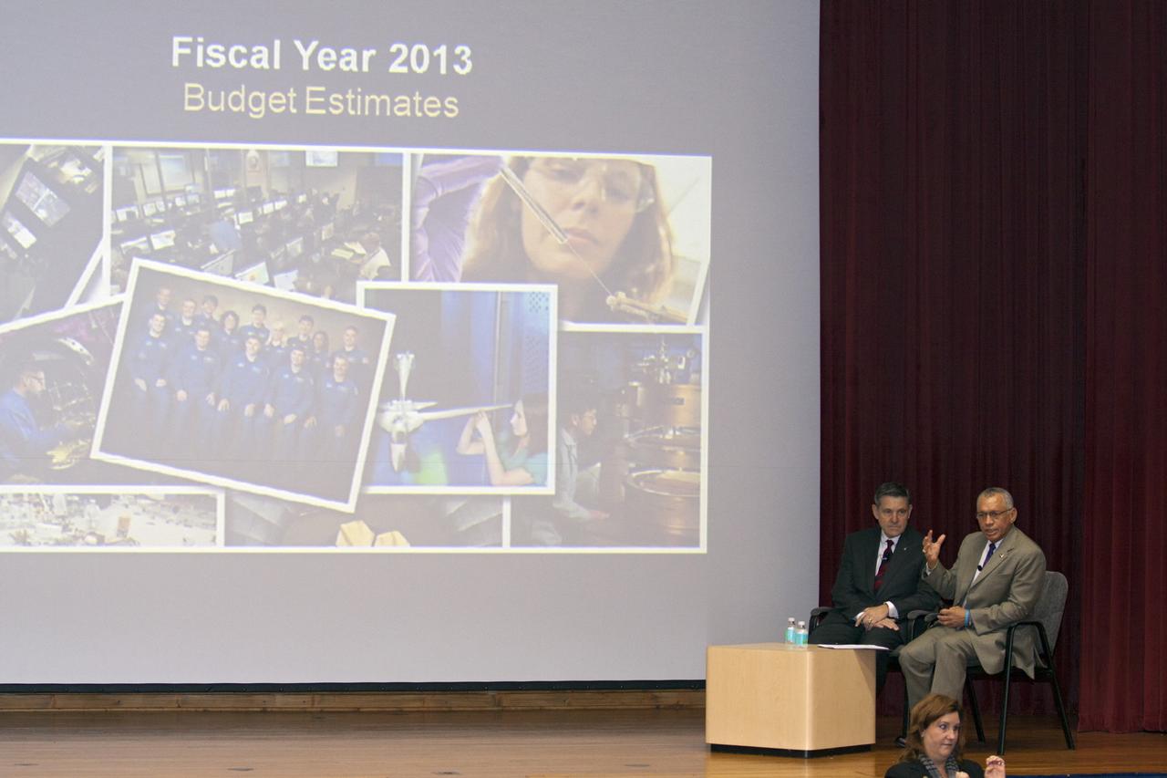CAPE CANAVERAL, Fla. -- At NASA’s Kennedy Space Center in Florida, Center Director Bob Cabana at left and NASA Administrator Charles Bolden hold an all-hands meeting in the Training Auditorium to present the proposed fiscal year 2013 NASA budget to civil servant and contractor employees. Bolden and Cabana explained how the budget will affect the agency and specifically Kennedy Space Center. Photo credit: NASA/Kim Shiflett