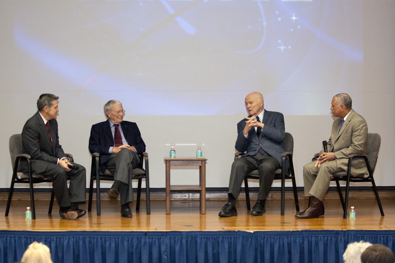 CAPE CANAVERAL, Fla. -- From left to right, Center Director Bob Cabana, Mercury astronauts Scott Carpenter and John Glenn, and NASA Administrator Charles Bolden share the stage during the "50 Years of Americans in Orbit" presentation for employees at NASA's Kennedy Space Center in Florida.     This year marks 50 years since Glenn and Carpenter became the first two Americans to orbit Earth. Photo credit: NASA/Kim Shiflett
