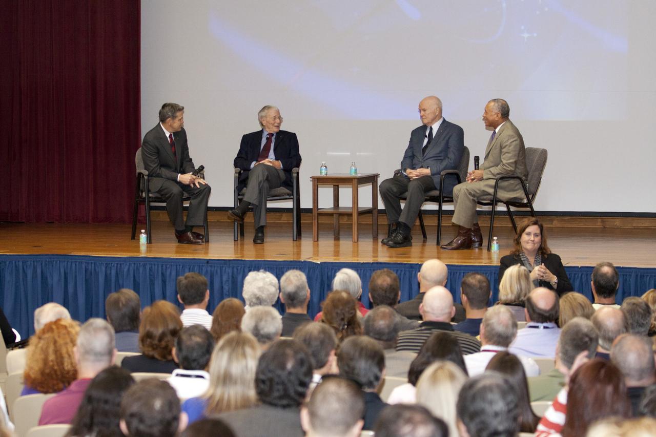 CAPE CANAVERAL, Fla. -- Employees at NASA's Kennedy Space Center in Florida listen as Center Director Bob Cabana, Mercury astronauts Scott Carpenter and John Glenn, and NASA Administrator Charles Bolden share their spaceflight memories during the "50 Years of Americans in Orbit" presentation for employees.      This year marks 50 years since Glenn and Carpenter became the first two Americans to orbit Earth. Photo credit: NASA/Kim Shiflett