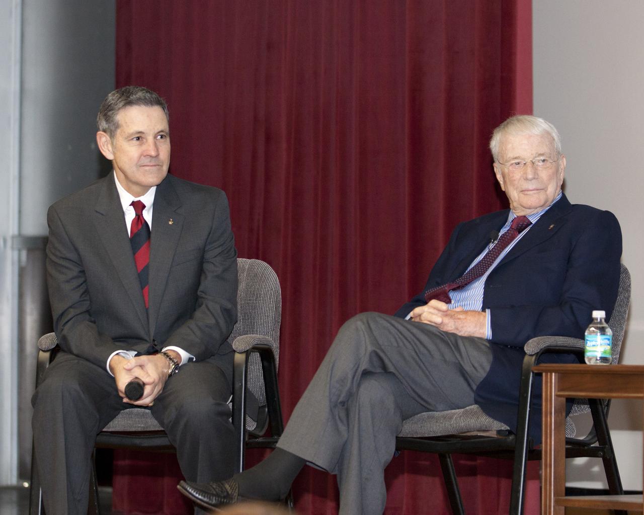 CAPE CANAVERAL, Fla. -- Bob Cabana, director of NASA's Kennedy Space Center in Florida, and Mercury astronaut Scott Carpenter share the stage during the "50 Years of Americans in Orbit" presentation for employees at NASA's Kennedy Space Center in Florida. Mercury astronaut John Glenn and NASA Administrator Charles Bolden joined Carpenter and Cabana for the event.     This year marks 50 years since Glenn and Carpenter became the first two Americans to orbit Earth. Photo credit: NASA/Kim Shiflett