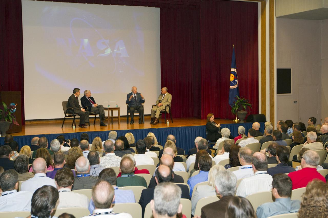 CAPE CANAVERAL, Fla. -- Employees at NASA's Kennedy Space Center in Florida listen as Center Director Bob Cabana, Mercury astronauts Scott Carpenter and John Glenn, and NASA Administrator Charles Bolden share their spaceflight memories during the "50 Years of Americans in Orbit" presentation for employees.     This year marks 50 years since Glenn and Carpenter became the first two Americans to orbit Earth. Photo credit: NASA/Kim Shiflett