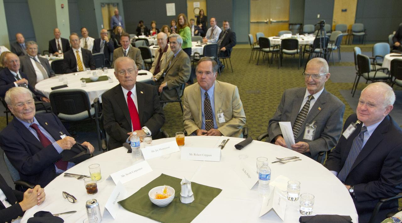 CAPE CANAVERAL, Fla. - Former Mercury astronaut Scott Carpenter, left, and former Kennedy Space Center directors Jay Honeycutt, Bob Crippen, Forrest McCartney and Roy Bridges listen during a luncheon Feb. 17, 2012, celebrating 50 years of Americans in orbit, an era which began with Glenn's Mercury mission MA-6, on Feb. 20, 1962.  Glenn's launch aboard an Atlas rocket took with it the hopes of an entire nation and ushered in a new era of space travel that eventually led to Americans walking on the moon by the end of the 1960s. Glenn soon was followed into orbit by Scott Carpenter, Walter Schirra and Gordon Cooper. Their fellow Mercury astronauts Alan Shepard and Virgil "Gus" Grissom flew earlier suborbital flights. Deke Slayton, a member of NASA's original Mercury 7 astronauts, was grounded by a medical condition until the Apollo-Soyuz Test Project in 1975. Photo credit: NASA/Kim Shiflett