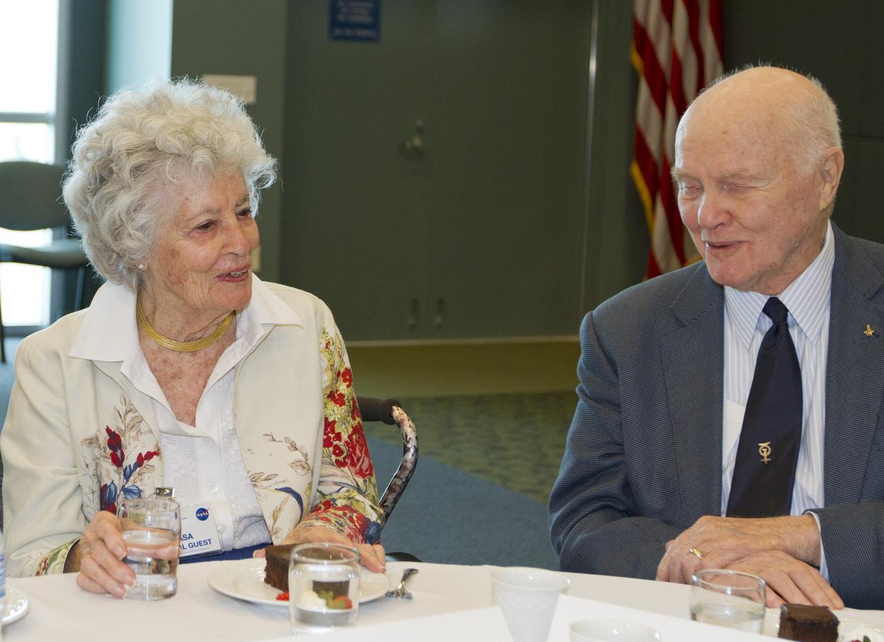 CAPE CANAVERAL, Fla. -Annie Glenn and astronaut John Glenn listen during a luncheon Feb. 17, 2012,  celebrating 50 years of Americans in orbit, an era which began with Glenn's Mercury mission MA-6, on Feb. 20, 1962.  Glenn's launch aboard an Atlas rocket took with it the hopes of an entire nation and ushered in a new era of space travel that eventually led to Americans walking on the moon by the end of the 1960s. Glenn soon was followed into orbit by Scott Carpenter, Walter Schirra and Gordon Cooper. Their fellow Mercury astronauts Alan Shepard and Virgil "Gus" Grissom flew earlier suborbital flights. Deke Slayton, a member of NASA's original Mercury 7 astronauts, was grounded by a medical condition until the Apollo-Soyuz Test Project in 1975. Photo credit: NASA/Kim Shiflett