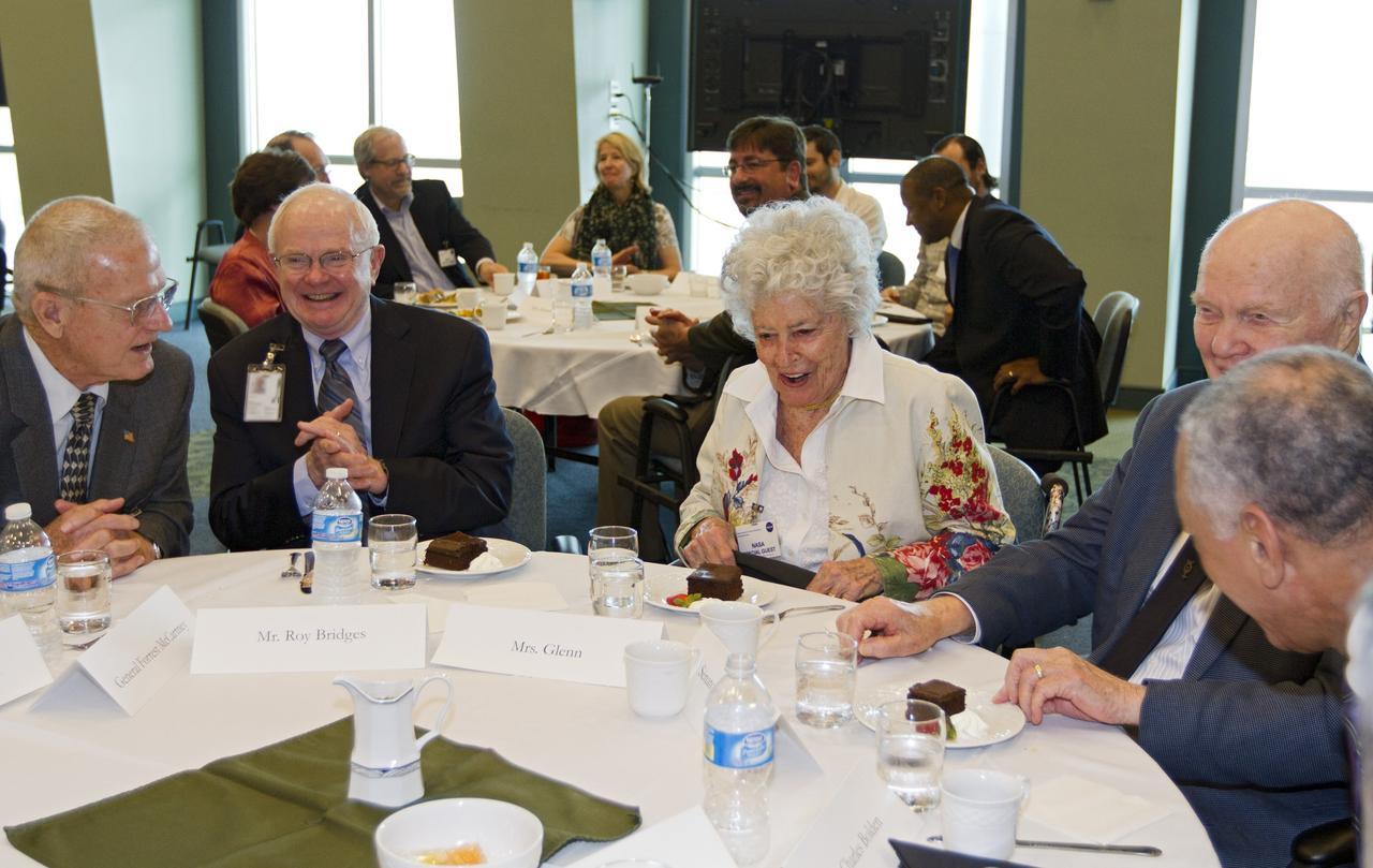 CAPE CANAVERAL, Fla. - Former Kennedy Space Center directors Forrest McCartney and Roy Bridges join Annie Glenn, astronaut John Glenn and NASA Administrator Charles Bolden during a luncheon Feb. 17, 2012, celebrating 50 years of Americans in orbit, an era which began with Glenn's Mercury mission MA-6, on Feb. 20, 1962.  Glenn's launch aboard an Atlas rocket took with it the hopes of an entire nation and ushered in a new era of space travel that eventually led to Americans walking on the moon by the end of the 1960s. Glenn soon was followed into orbit by Scott Carpenter, Walter Schirra and Gordon Cooper. Their fellow Mercury astronauts Alan Shepard and Virgil "Gus" Grissom flew earlier suborbital flights. Deke Slayton, a member of NASA's original Mercury 7 astronauts, was grounded by a medical condition until the Apollo-Soyuz Test Project in 1975. Photo credit: NASA/Kim Shiflett