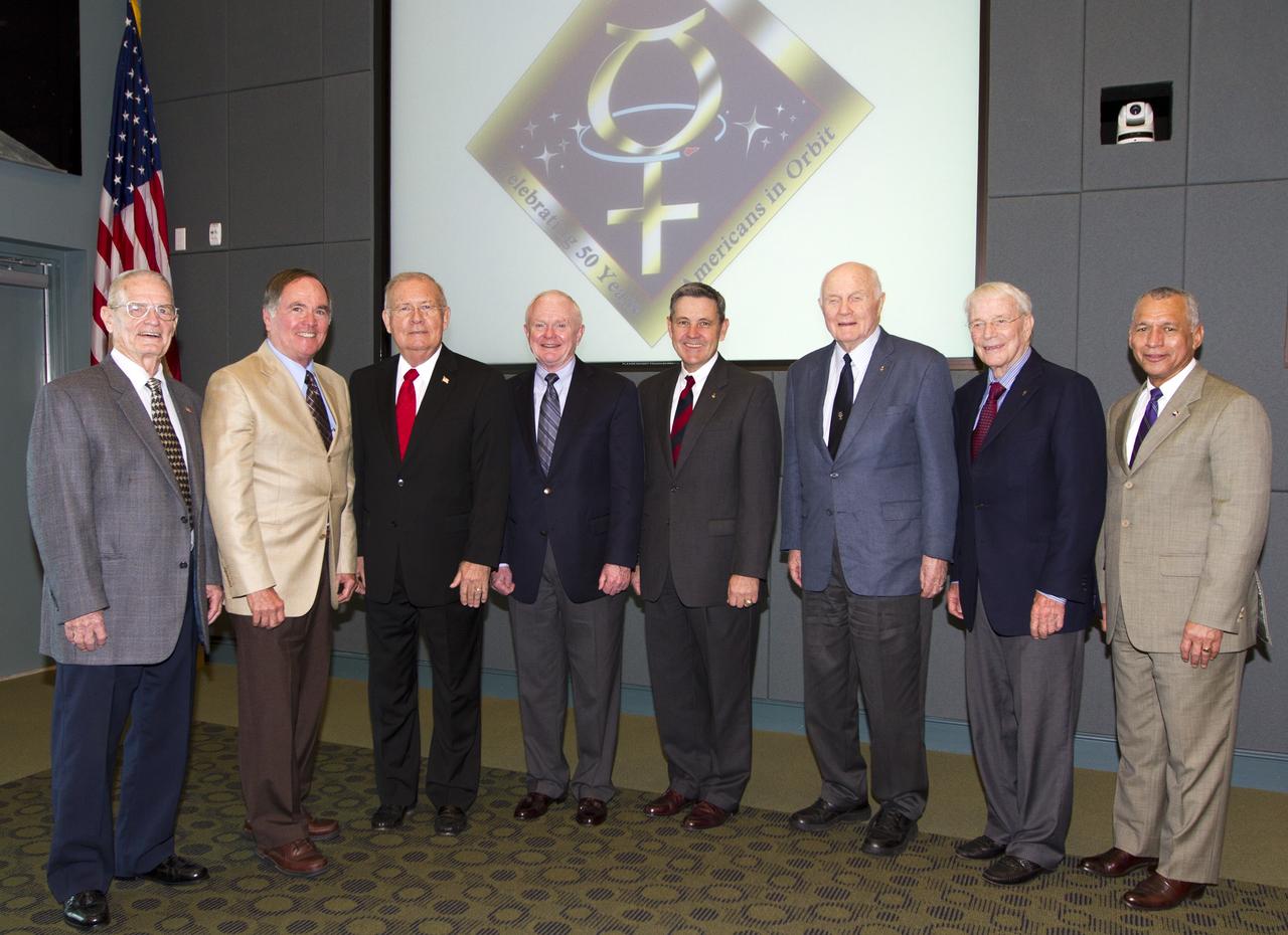 CAPE CANAVERAL, Fla. - Former Kennedy Space Center directors Forrest McCartney, from left, Bob Crippen, Jay Honeycutt and Roy Bridges stand with current Kennedy director Bob Cabana, Mercury astronauts John Glenn and Scott Carpenter and NASA Administrator Charles Bolden during a luncheon Feb. 17, 2012, celebrating 50 years of Americans in orbit, an era which began with Glenn's Mercury mission MA-6, on Feb. 20, 1962. Glenn's launch aboard an Atlas rocket took with it the hopes of an entire nation and ushered in a new era of space travel that eventually led to Americans walking on the moon by the end of the 1960s. Glenn soon was followed into orbit by Scott Carpenter, Walter Schirra and Gordon Cooper. Their fellow Mercury astronauts Alan Shepard and Virgil "Gus" Grissom flew earlier suborbital flights. Deke Slayton, a member of NASA's original Mercury 7 astronauts, was grounded by a medical condition until the Apollo-Soyuz Test Project in 1975. Photo credit: NASA/Kim Shiflett